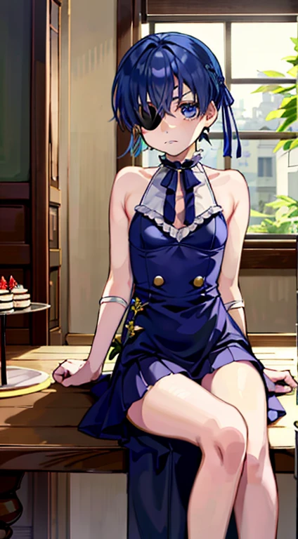 top-quality, masterpiece, Cielve 2, 1boy, 独奏, sitting on, The table, Cake slices, looking at viewert, an eye patch,Adonis、Agra、bare-legged、Tsundere face、swim wears、Colossal tits、The long-haired、Female body、Raw feet、Ahe-face