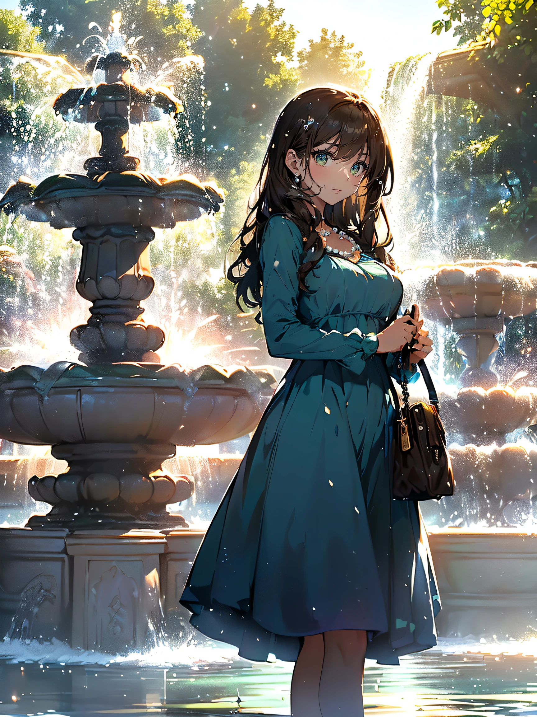 Beautiful woman and fountain:1.5, (Beautiful woman:1.4), (a woman who is attractive and pleasing to the eye:1.3), (usually has a symmetrical face, clear skin, and bright eyes:1.3), (often wears clothes, accessories, and makeup that suit her style and personality:1.3), (the beautiful woman is standing in front of a fountain:1.3), (she is wearing a blue dress and a pearl necklace:1.3), (she has long brown hair and green eyes:1.3), (she is holding an umbrella and a purse:1.3), (Fountain:1.4), (a structure that shoots water into the air for decoration or amusement:1.3), (usually found in parks, gardens, or squares:1.3), (often has lights, music, or sculptures to enhance the beauty:1.3), (the fountain is a large circular basin with a central jet:1.3), (the jet sprays water up to 15 meters high:1.3), (the water falls back into the basin creating a splash:1.3), (the fountain has a rainbow effect when the sun shines on it:1.3), (the fountain has a soothing sound of running water:1.3), (a portrait of the beautiful woman and the fountain in the background:1.4)