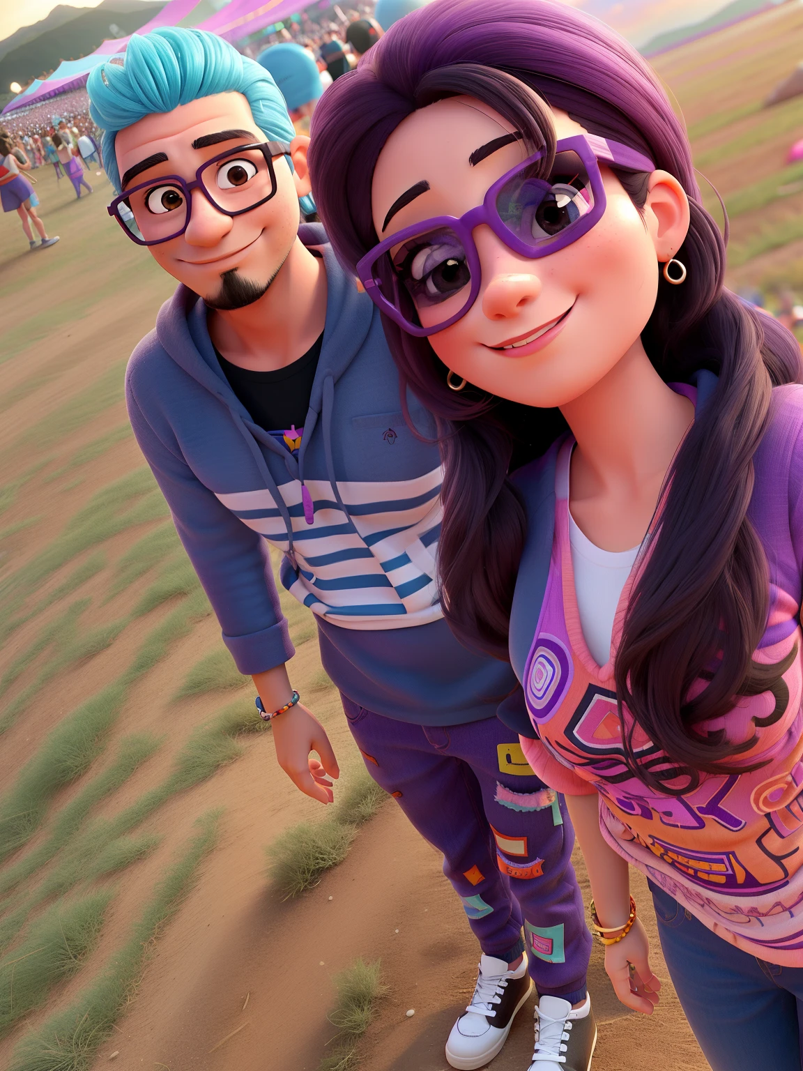 hay un hombre y una mujer juntos en un festival, Vibraciones del festival, music festival, Alex Yanes y Lisa Frank, imagen de muy muy muy baja calidad, voidless of the festival!, no recortado, Foto de baja calidad, Toma de longitud de cuerpo completo, foto de perfil, Mucha gente, in the purple sunset, added detail, A person at a music festival, Foto de perfil