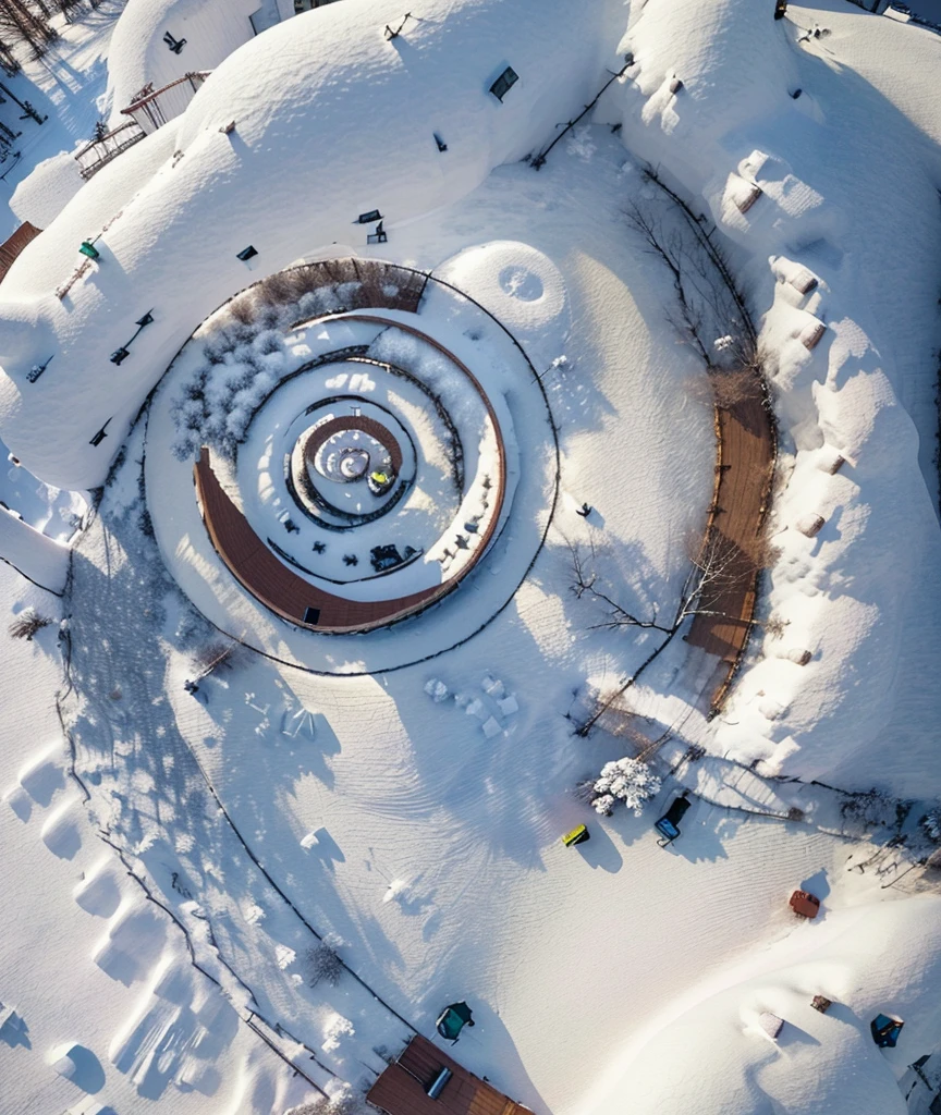 snowy park in winter,Spiral Observation Deck,Drone perspective,Snowy trail in winter,big snowy tree in winter,Snowy meadow in winter