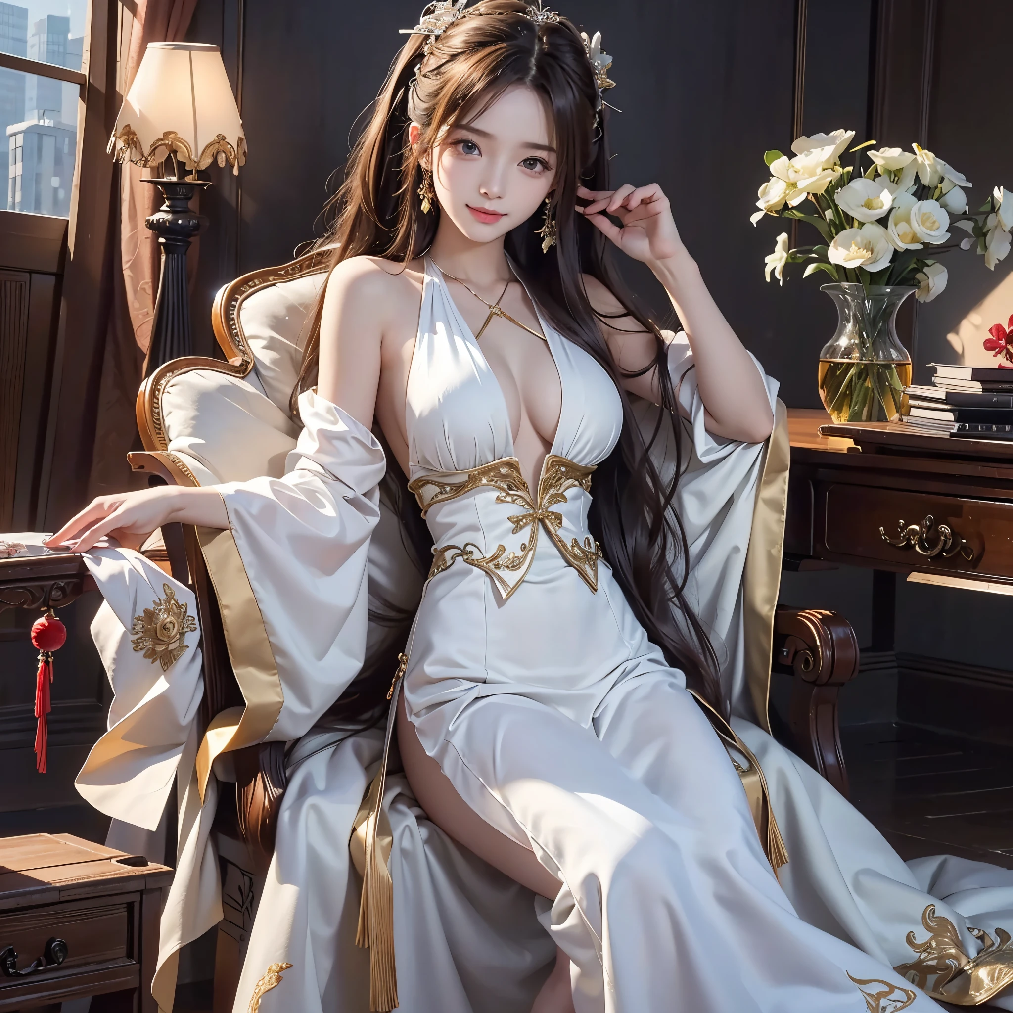 8K Ultra HD, masutepiece, Best Quality, beautiful Girl, Long hair, Impressive hairstyle, beautiful hair decoration, girl, ssmile, A sexy, large boob, lighting like a movie