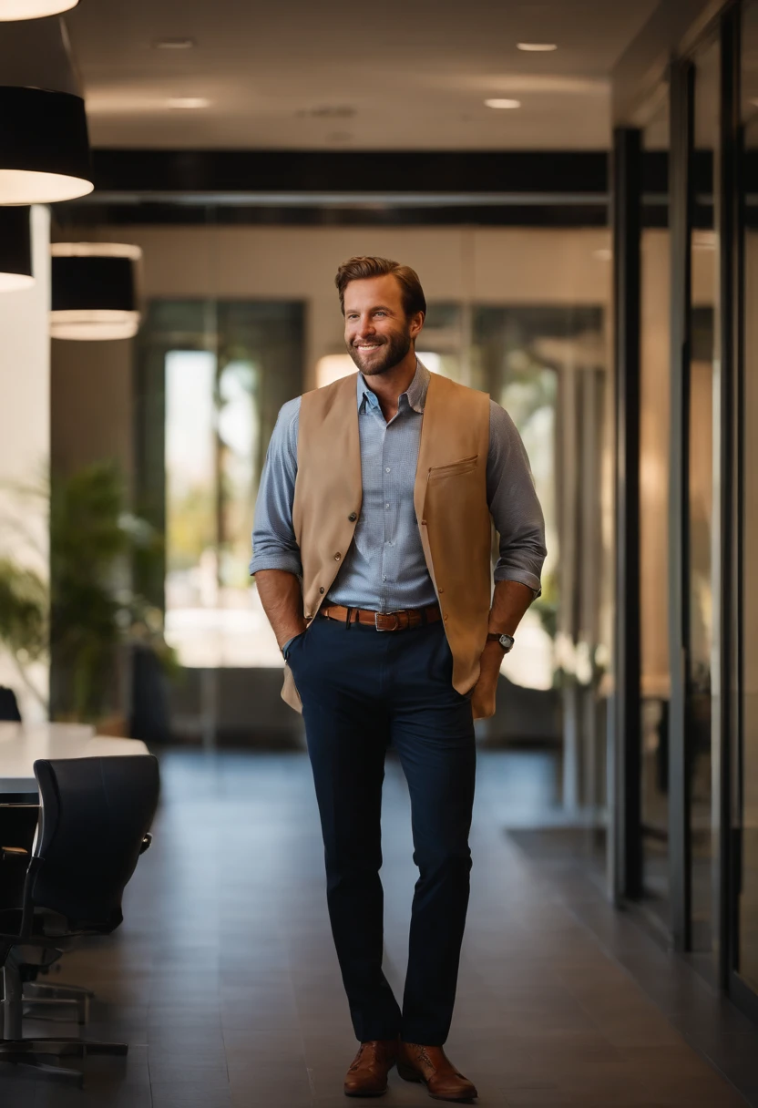 A photo of a sleek and modern office building at night,original,Bryce Hamilton, a quintessential Sand Hill Road venture capitalist, is always seen in his trademark Patagonia vest, a staple even in the summer heat, paired with crisp, casual chinos and a button-down shirt, embodying the classic Silicon Valley investor look. His appearance is meticulously groomed, from his styled hair to his polished, yet approachable, smile, projecting an image of success and confidence.