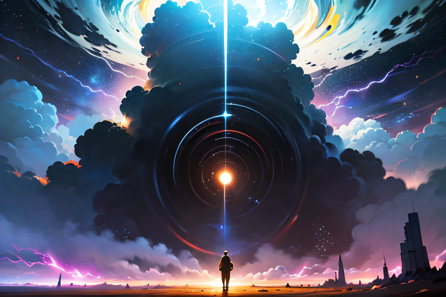 a man standing on a hill looking at a distant landscape, digital art inspired by Cyril Rolando, trending on Artstation, space art, tim hildebrandt, artgem and John Berkey masterpiece, and jeremiah ketner, realism | John Berkey, beeple and jean giraud, beeple and greg rutkowski painting of a large cloud with a a gaping black hole to space, a surrealist painting by Michael Sutfin, shutterstock contest winner, surrealism, android jones and rhads, cloud vortex, thick swirling lightning ring, surrealistic painting, surrealist landscape painting, thunder clouds modernism, surreal scene, surreal clouds, jacek yerka and vladimir kush, surreal painting, lightning , star fields, the entire ground is made of reflective obsidian