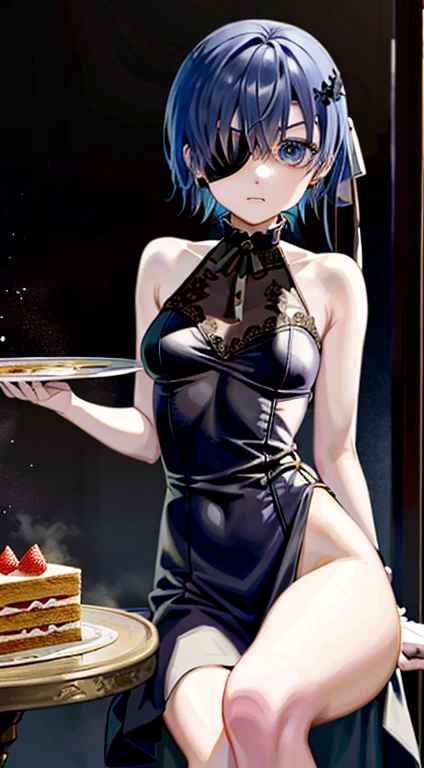 top-quality、masterpiece、Cielve 2、1boy、独奏、sitting on、The table、Cake slices、looking at viewert、an eye patch、Adonis、Agra、bare-legged、Tsundere face、swim wears、Colossal tits、The long-haired、Female body、Raw feet、Ahe-face