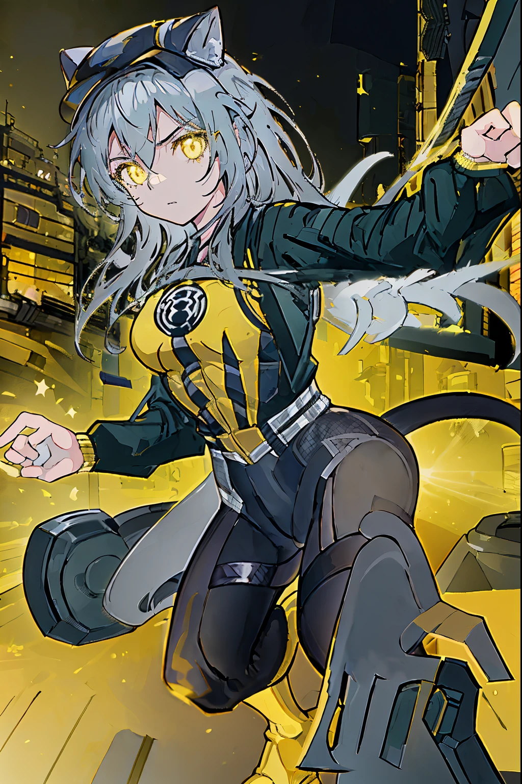 best quality, masterpiece, (detailed), madhouse-Animestyle,(yellow lantern costume, perfect face, 1girl, solo, skyline, jacket, pants, standing, grey hair, glowing golden eyes, black_pantyhose, yellow boots, yellow_lantern_coat, black jacket, long_sleeves, windbreaker, loafers, combat pose, cityscape background