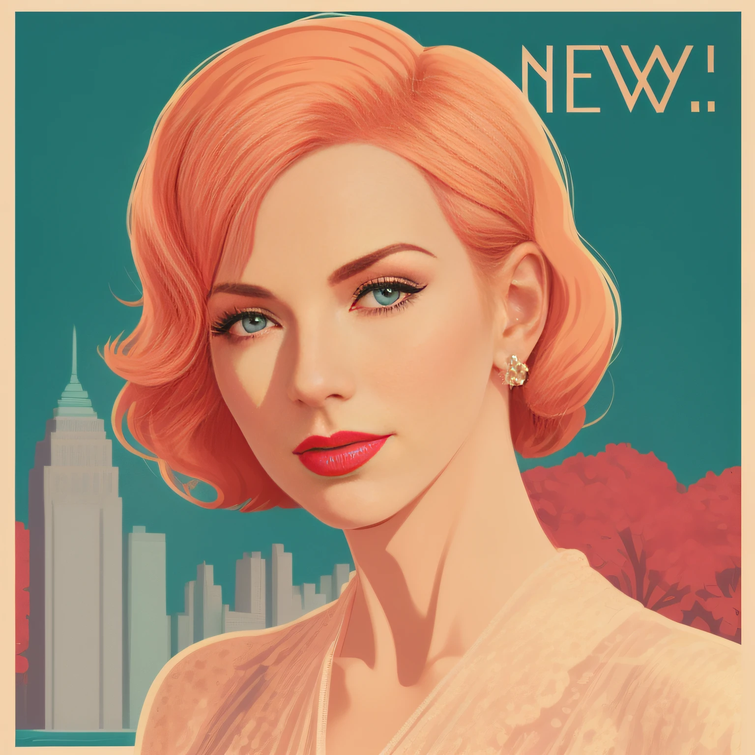 a close up of a person (Annie Lennox)in a dress and a crowd of people in New York City, vector art by Malika Farve, trending on cg society, pop art, in style of digital illustration, art deco illustration, art deco portrait, digital art of an elegant, retro illustration, movie illustration, digital illustration -, vector art style, 1950s illustration style / travel poster / propaganda poster style.