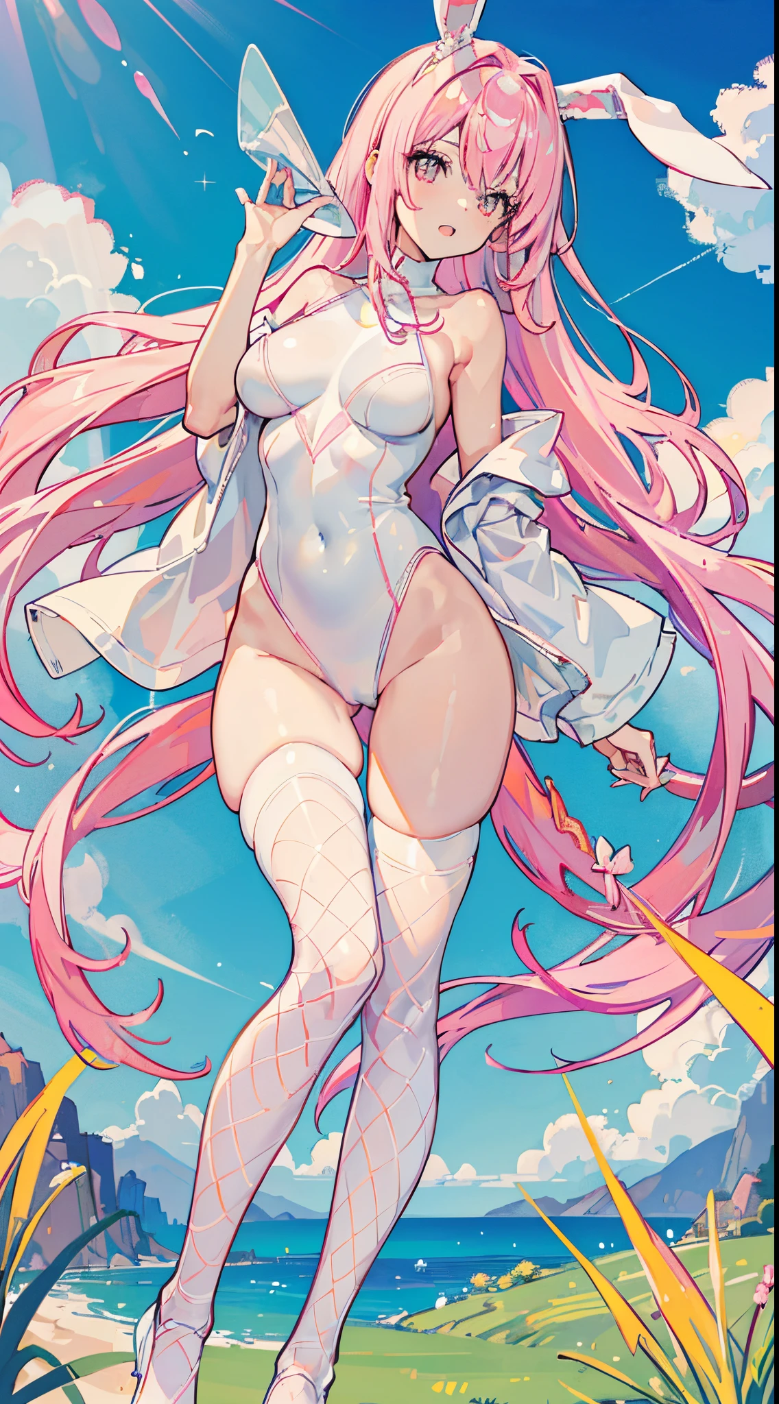 Sexy bunny pink hair happy bunny girl full body picture,elongated, The proportion of her fair legs and figure is perfect, Thin and thin,(Naked of breast, Off-the-shoulder style, High-cut triangle pink and white swimsuit),'s,grassy fields,((White over-the-knee fishnet stockings)),