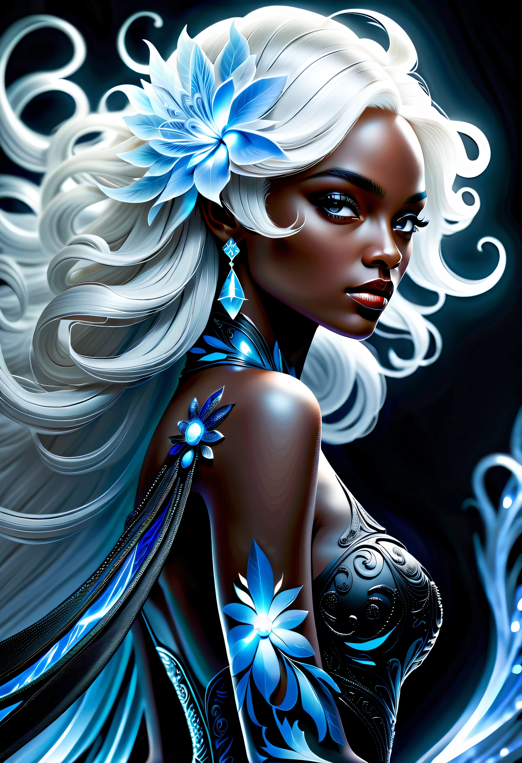 award winning 64k concept art of (black young woman:1.2) in majestic open dress near the lake, sweet, posing, epic, god rays, centered, upper body, (masterpiece:1.2), (best quality:1.3), Amazing, highly detailed, beautiful, finely detailed, warm soft color grading, Depth of field, extremely detailed 64k, fine art, stunning, iridescent, (shiny:1.3), (light reflections:1.3), (crisp:1.6), silver curls, spring, vibrant, sunlit, (edge detection:1.4), absurdres, impressive, 120mm, glittering, frills, extremely clear