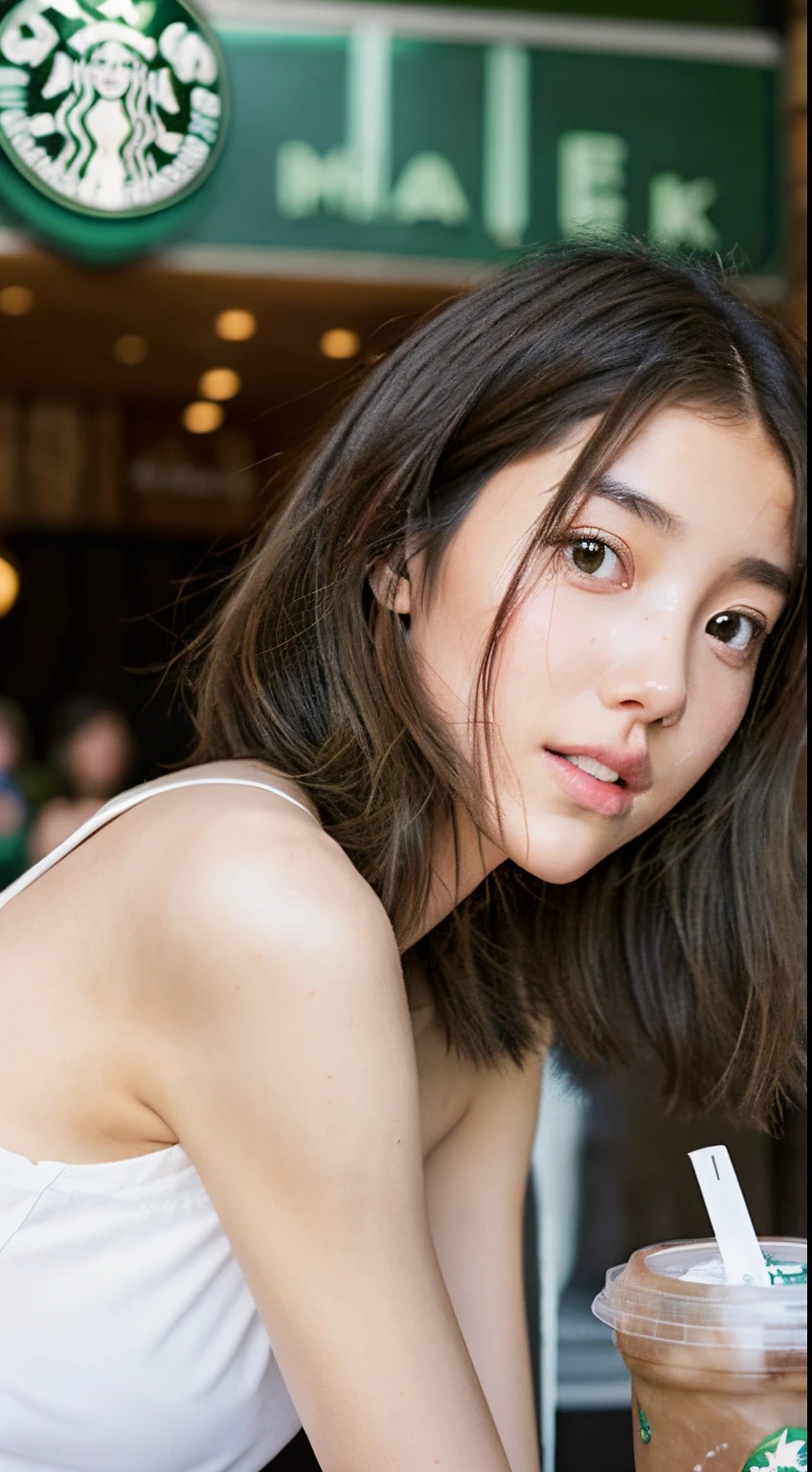 Photorealsitic、reallistic、Raw photography、masterpiece、top-quality、hight resolution、illustratio
((Starbucks、caramel frappuccino))、Skinny bat、Skinny Legs、
1girl in、Random hairstyles、Slim Leg、delicate and pretty、face perfect、beautidful eyes、Chromo-white skin、Real Human Skin、pores、