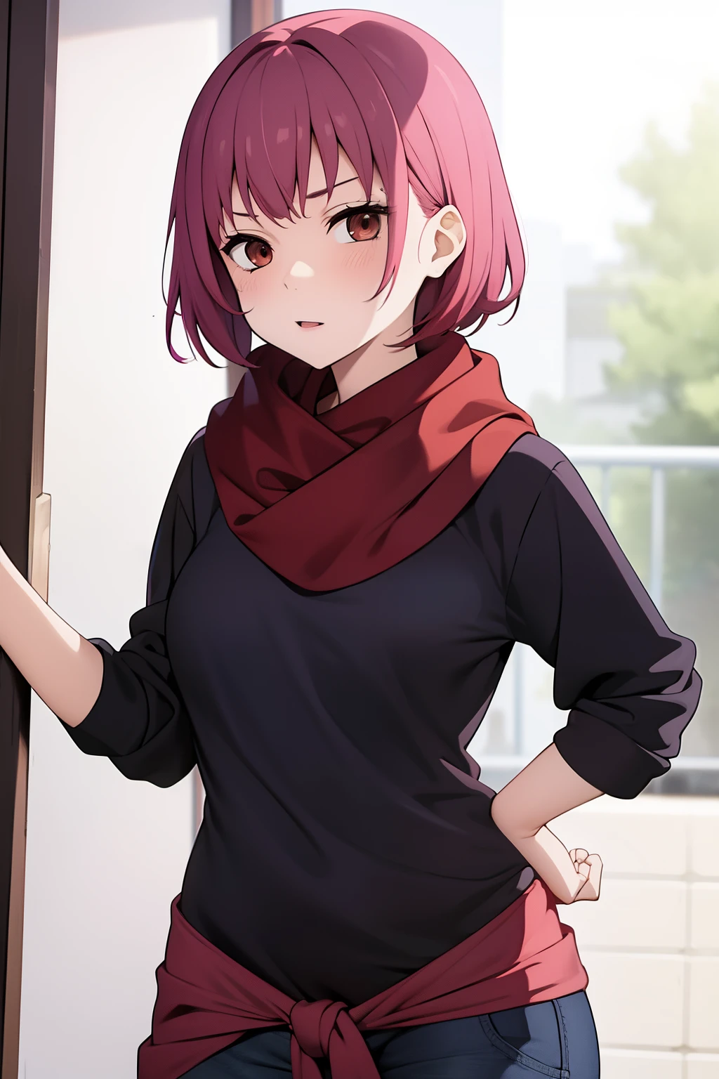 Cute girl , Short pink hair , Dark purple clothes , Combat stance , Brown eyes , Rough clothe s, baggy clothes ,, Red scarf , adult girl , sexy body , sexy