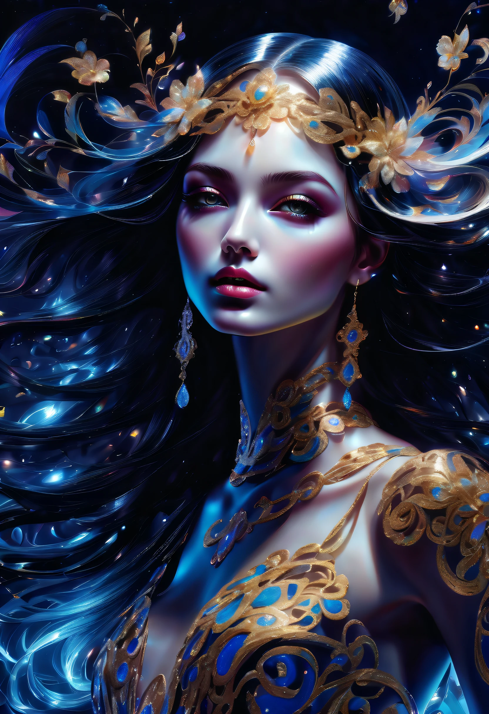 Dungeons and Dragons Style goddess of night, beautiful, ultra detailed, clear, ultra sharp, celestial, mystical, galaxies in her eyes :: swirling galaxies :: double exposure, Octane, dreamlike