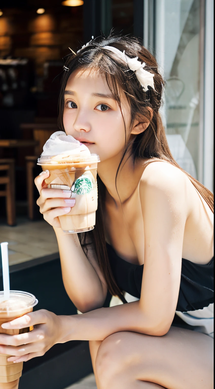 Photorealsitic、reallistic、Raw photography、masterpiece、top-quality、hight resolution、illustratio、The background is inside a Starbucks.
((Iced latte with milk))、Skinny bat、Skinny Legs、
1girl in、Random hairstyles、Slim Leg、delicate and pretty、face perfect、beautidful eyes、Chromo-white skin、Real Human Skin、pores、