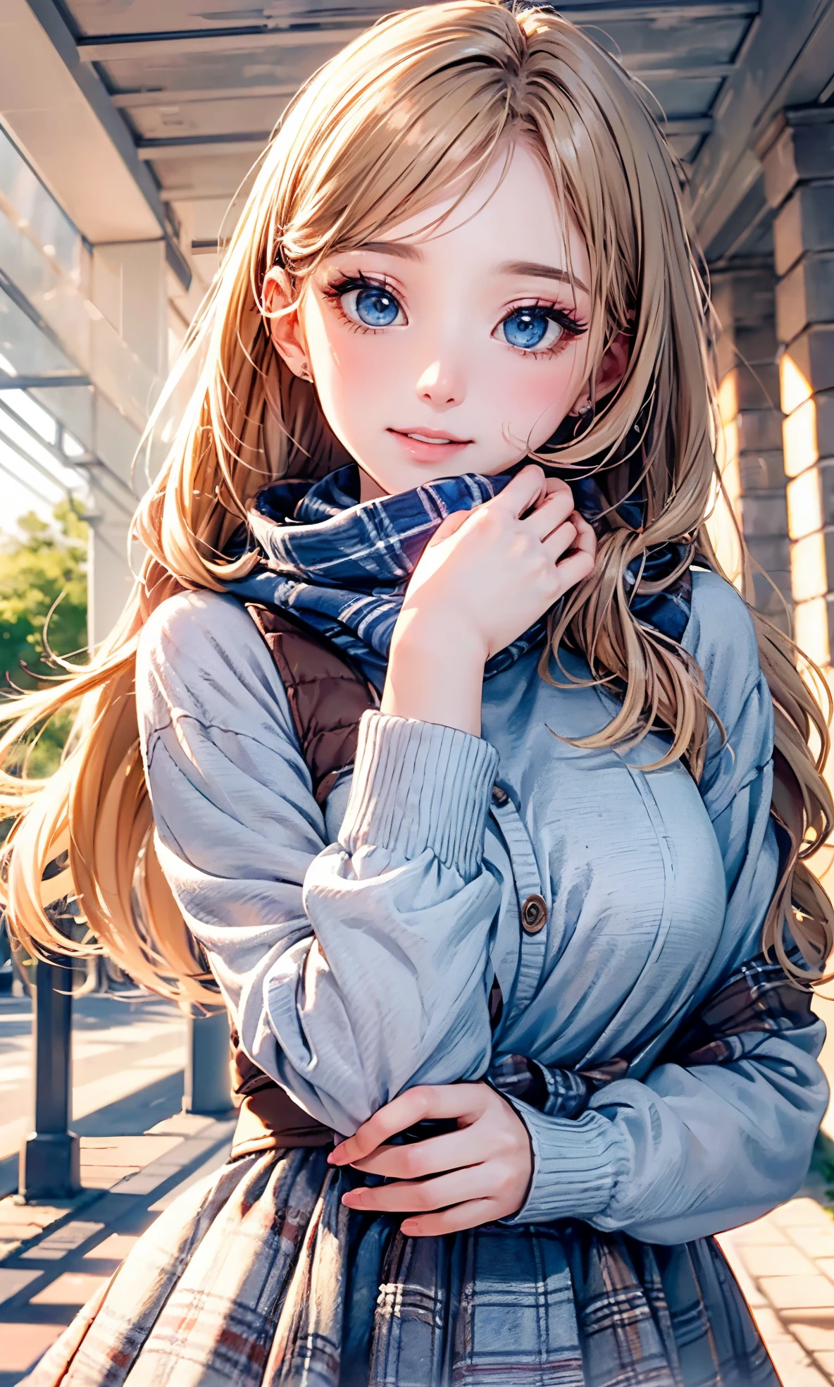 (masterpiece),(top-quality:1.2),1girl in,(masuter piece:1.3),exquisitedetails, Highest quality 8K resolution, Ultra-detailed, Realistic, Vibrant colors, Soft tones, With warm and gentle lighting,(Beautiful plaid scarf:1.3),(Preet Pink Ruffled Ribbon Dress,) (Brown long coat:1.2) early evening,Big sunset,(Smooth straight blonde hair:1.2),(Hair parted in the middle:1.3),(Glowing hair),(Dark blue eyes:1.3),White skin, hair clips,Overflowing soft and gentle feelings,(The promenade is full of flowers),The sun's rays illuminate joy and pure love, Warm golden glow,The atmosphere is full of happiness and laughter, As if celebrating love,Sticking to ultra-detailed depictions and vivid colors. In a style that blends romanticism and realism、You can feel the depth of love,color palettes,Create an ethereal atmosphere like a dream,and the lighting is soft and diffused, Shine a gentle light on your face,The artwork is a masterpiece,