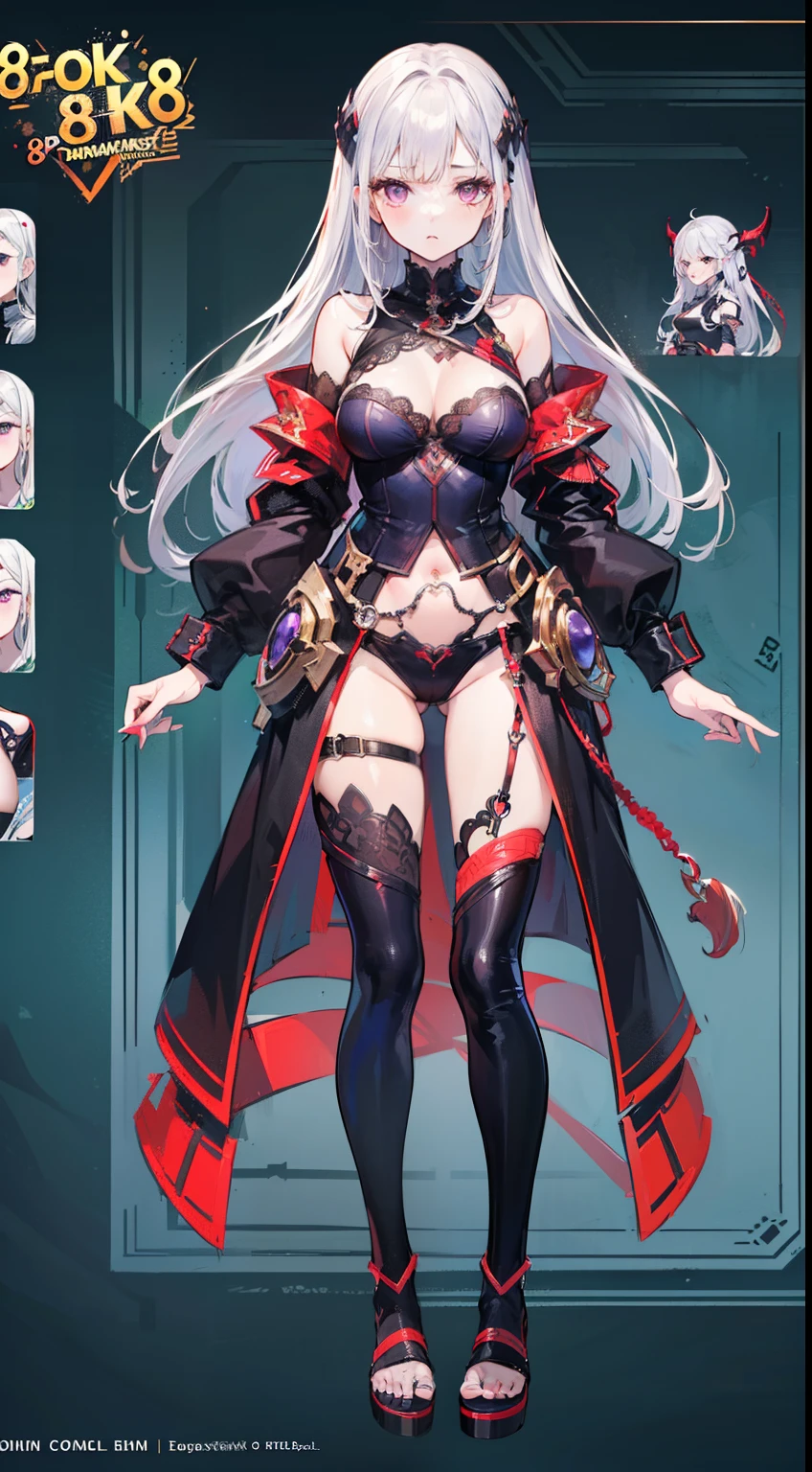 (((8K,top-quality)))ung girl, character sheets, concept-art, full body Esbian, (masterpiece:1.2), (Top image quality:1.3), 1girl in, is standing, length hair,Adulterous demons,Silvery hair,Purple eyes,Obscene lines