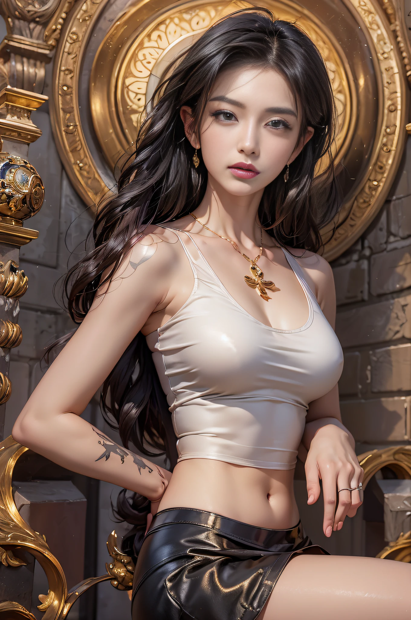 Sexy mature greek woman,She is wearing a short shiny black leather skirt。,I have a succubus tattoo on my abdomen.,have a perfectly proportioned body,Moisturized Skin,(Advanced Skin Details:1.1)完璧なface,Light golden wavy hair,Transparent hair quality,Delicate hair(Premium Hair Detail:1.1)Beautiful and delicate eyebrows and eyelashes,Beautiful eye makeup,eye元を鮮明に再現,Number of students: 8,000 people(高度なeyeの詳細:1.1)Sensual唇(Perfect Lip Shape)(Fascinating笑face) Optimal ratio of four fingers to one thumb, arms are lower than chest,Wearing Jewelry,Gold earrings,Gold Necklace,Gold Bracelets,gold waist chain,scene,Inner part of a cathedral,in the halls of a sacred cathedral,Master Photo,完璧なmasterpiece,Best image quality,Professional Indoor Lighting,Professional Dimming,real,Succubus tattoo series,Perfect for women's artwork,Best Photos,Black gold leaf series,Small tattoos,goddess series((Hippolyta)), Amazon, Strong warrior,
Beautiful warrior,beautiful greek girl, Beautiful woman,ancient greek girl,One girl,
(Large Breasts:1.4),((((Wild black hair)))),(((green_eye:1.3))),Complex eye,beautiful detailed eye,symmetrical eye,((((Shiny skin:1.5,Sunburned skin,Light Skin: 1.5,Sunburned skin,Shiny skin,very Shiny skin,Shiny body,Reflex muscles)))),(Spider's underbelly,Tight waist,Wide Hips,An athletic body,膨らんだfoot,Thick thighs,(詳細なface)),Beautiful lip detail,((Perfect figure :1.2, (Round Breasts :1.1)),
cute,Lewd,Sensual,Fascinating look,Fascinating,((erotic)),Gorgeous,Gorgeous,((Browsing Caution)),
Revealing clothing,Show some skin,Golden Greek Armor, Jet Black Hair, Hoplite helmet, muscular chest, beautifully protruding nipples、,Wearing shining silver armor, Long, flowing hair blowing in the wind,The armor shines silver and gold,
(Seductive Pose:1.3), View your viewers,Embarrassing,Centered,Scale to fit dimensions,Three-part method,
Outdoor,Pillar,((Pillar background,Greek Palace,Greek Palace background,Background pyramid)),scenery,extremely scenery,(Puddles everywhere,Moss,Moss on the background), Greek Style,Greek Castle,Yuri、pad,palm,(sunset, Golden Hour),
(Shiny Greek Ornaments),High resolution,Sharp focus,(Super detailed,Very detailed),(Photorealistic artwork:1.37),(Very detailed CG unity 8k wallpaper),(((Vibrant colors,Vibrant Themes))),(Complex),(masterpiece),(Highest quality),Artistic photography,(Photography by sldr),(Complex background),完璧にレンダリングされたface,完璧なfaceのディテール,リアルなface,Photo Real,((Complex detail)),(((realism))),
(Perfect Arms、fingertip、foot、face)、(Sexy pose、Sexy and beautiful thighs)