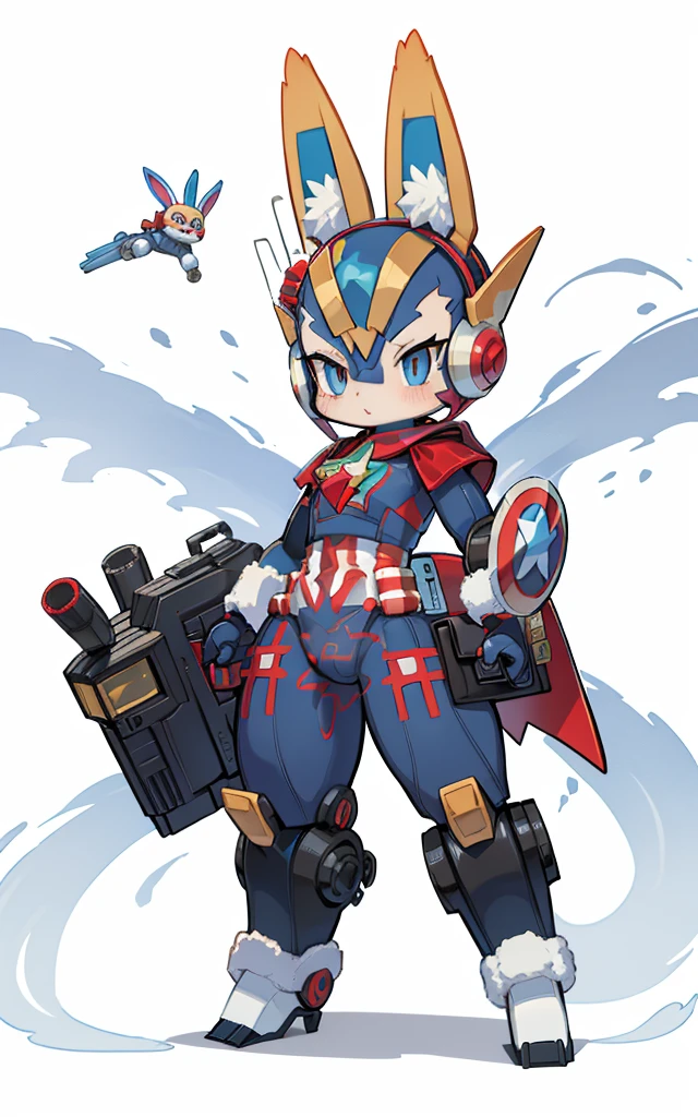 Captain America as a Pokémon character transforms into a mechanical bunny, Cartoon image of robot rabbit holding gun, Pokémon style, droid, sci-fy