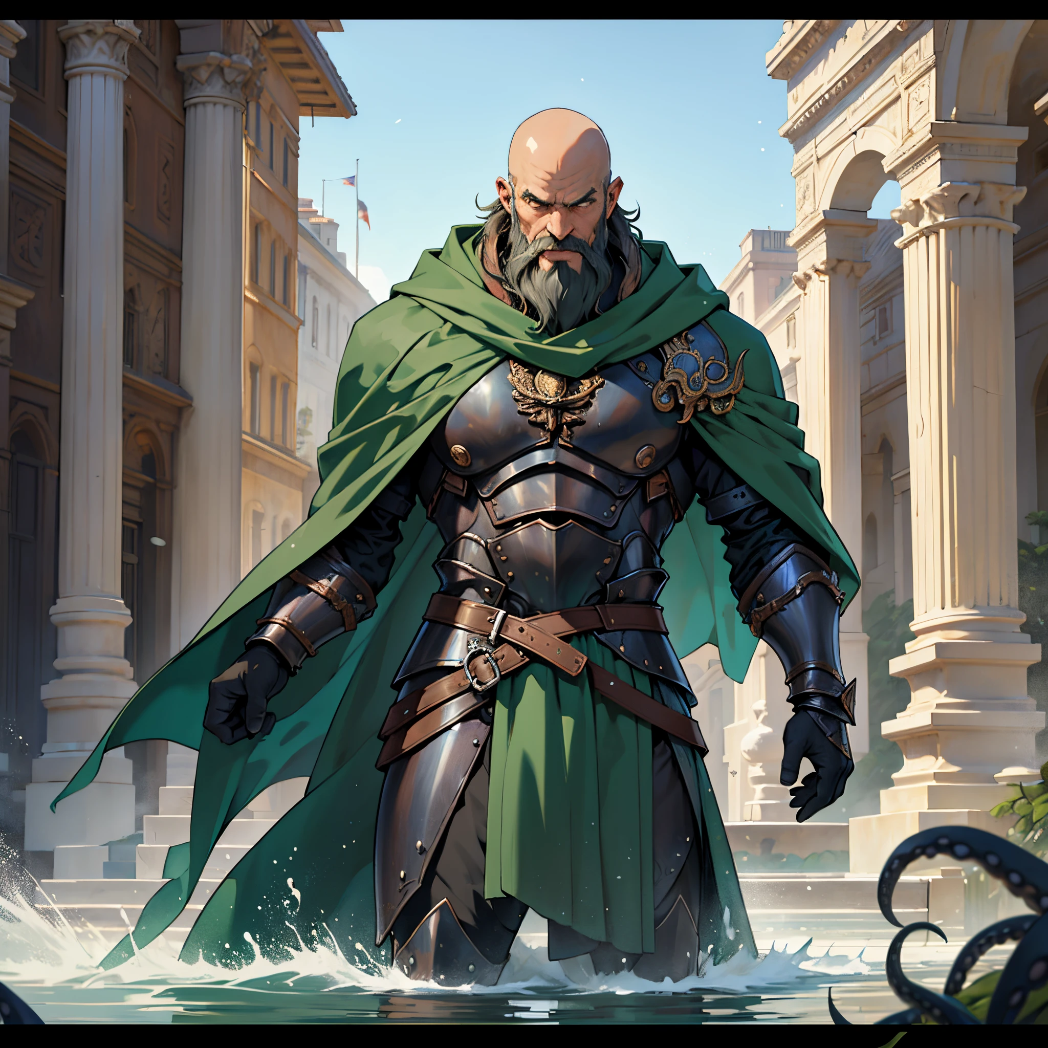 masterpiece, Best Quality, 4k, Background with:In front of an ancient Roman fountain, skinny bald old man with long beard, Full body armor and dark green cloak, A large octopus wrapped around its body, Sharp impression, waterdrops, tentacles