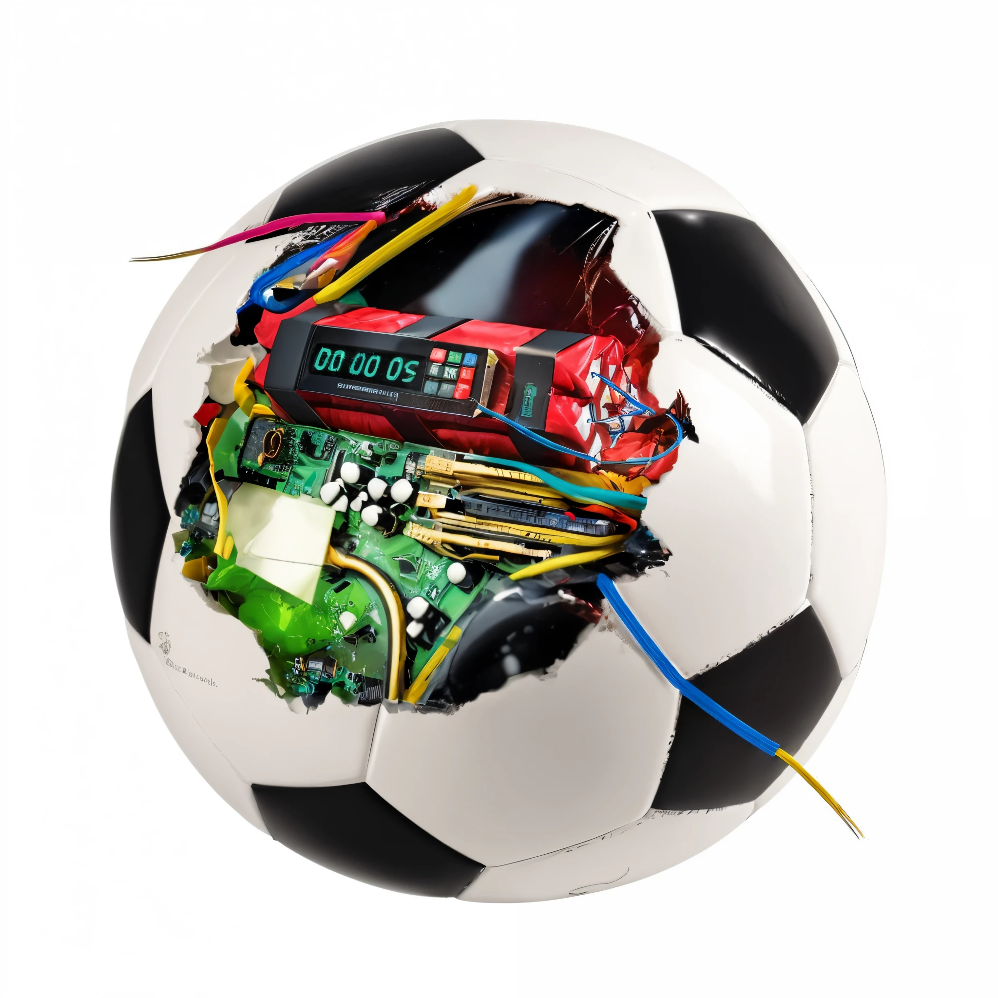 a close up of a soccer ball with a bunch of electronics inside it, football, sport, soccer, soccer ball, electronic components, tech art, by Joe Bowler, you won't believe it, inspired by Arnold Bronckhorst, sports, ball, by Paul Davis, revealing wires and electronics, timer bomb inside the soccer ball, realistic image, 16k resolution