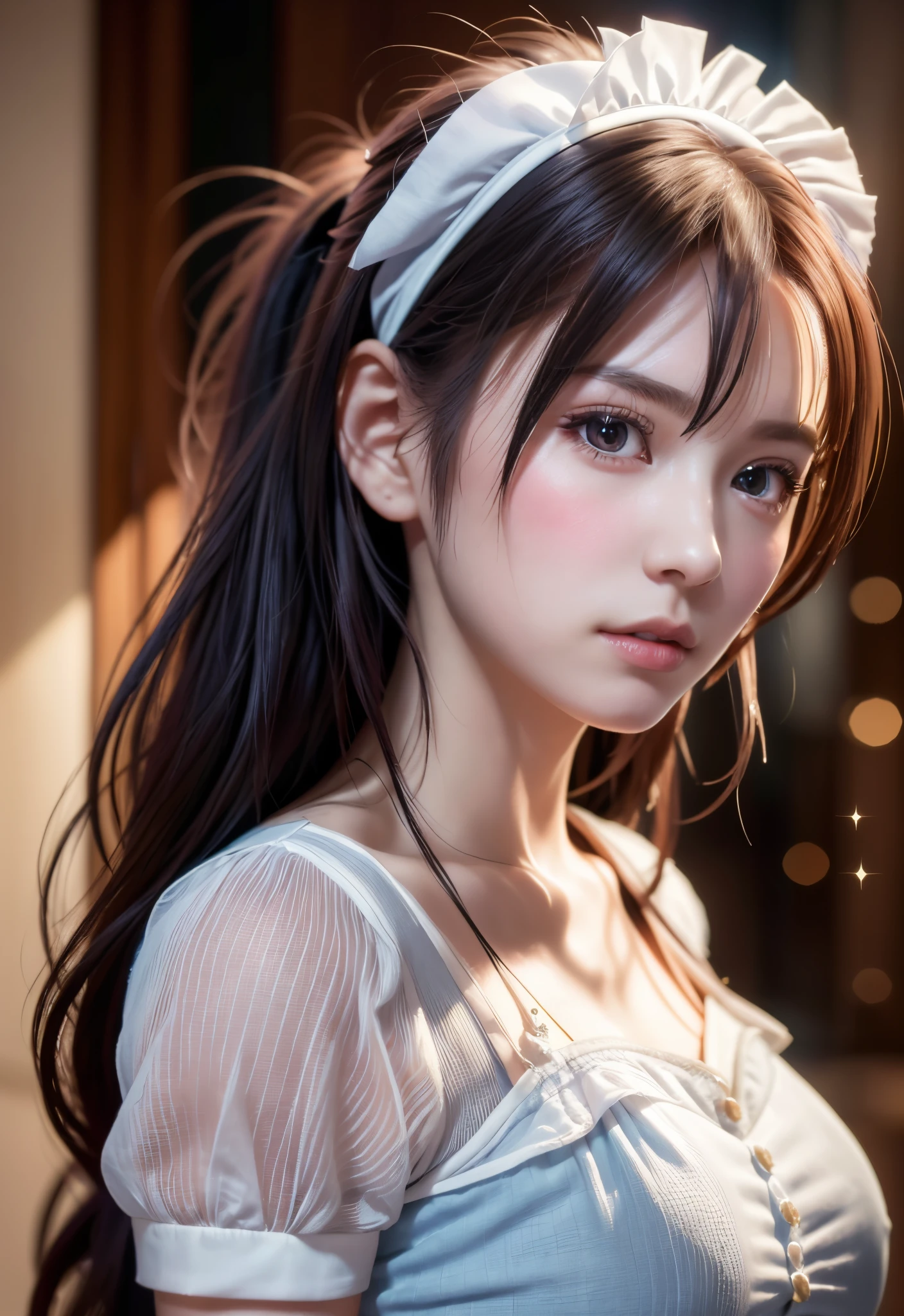 8K, of the highest quality, masutepiece:1.2), (Realistic, Photorealsitic:1.37), of the highest quality, masutepiece, Beautiful young woman, Pensive expression, Thoughtful look, Cute Maid Clothes, Hair tied back, Messy mood, Cinematic background, Tired, Light skin tone