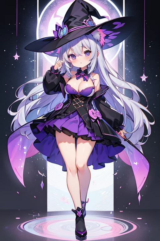 Only one girl、Lori、独奏、Beautiful girl with long gray hair、animesque、Cat ears on the head、A vivid erotic magic costume with a purple base that exposes the cleavage.、a short skirt、witch's hat、large boob、Standing facing the front、Displays the whole body from head to toe、Frontal camera work