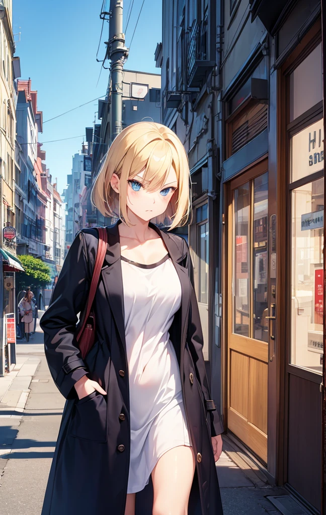 2D Anime Style、Beautiful blue eyes, (Talented lo-fi:1.3),breasts are slightly larger、Blonde Shorthair,Cool adult woman with an angry expression.,Rough fashion,Wear a long coat,walking in city,The cityscape is European-style,