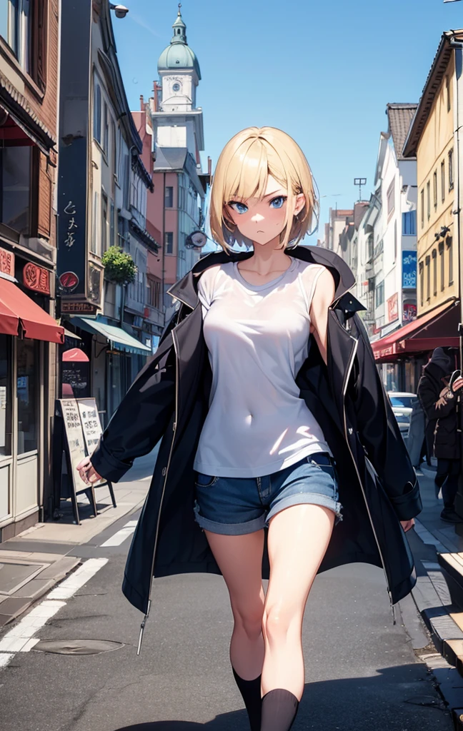 2D Anime Style、Beautiful blue eyes, (Talented lo-fi:1.3),breasts are slightly larger、Blonde Shorthair,Cool adult woman with an angry expression.,Rough fashion,Wear a long coat,walking in city,The cityscape is European-style,