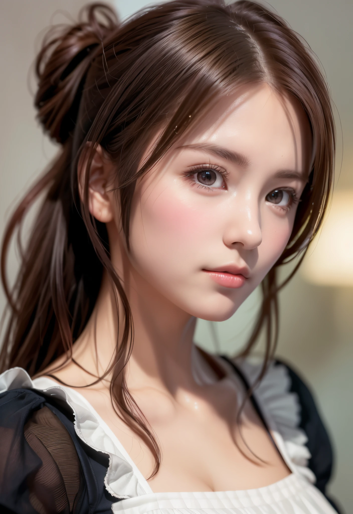 8K, of the highest quality, masutepiece:1.2), (Realistic, Photorealsitic:1.37), of the highest quality, masutepiece, Beautiful young woman, Pensive expression, Thoughtful look, Cute Maid Clothes, Hair tied back, Messy mood, Cinematic background, Tired, Light skin tone