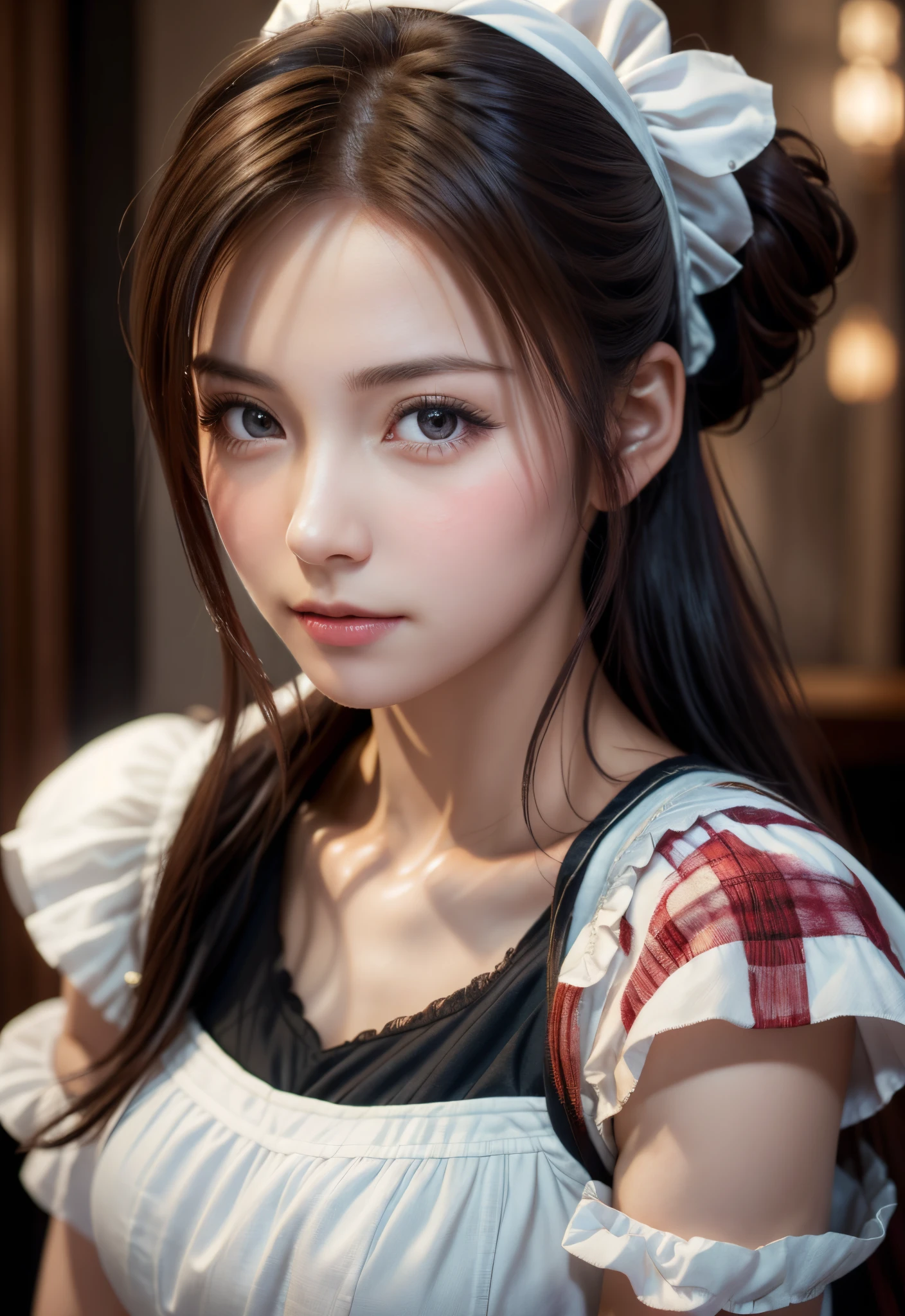 8K, of the highest quality, masutepiece:1.2), (Realistic, Photorealsitic:1.37), of the highest quality, masutepiece, Beautiful young woman, Pensive expression,、A charming、and an inviting look, Cute Maid Clothes, Hair tied back, Cinematic background, Light skin tone