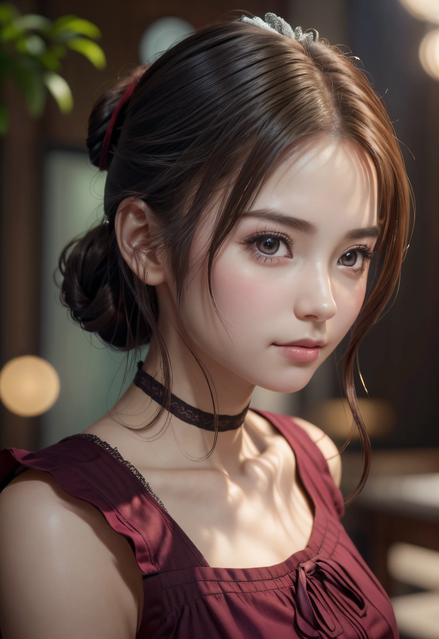 8K, of the highest quality, masutepiece:1.2), (Realistic, Photorealsitic:1.37), of the highest quality, masutepiece, Beautiful young woman, Pensive expression,、A charming、and an inviting look, Cute Maid Clothes, Hair tied back, Cinematic background, Light skin tone