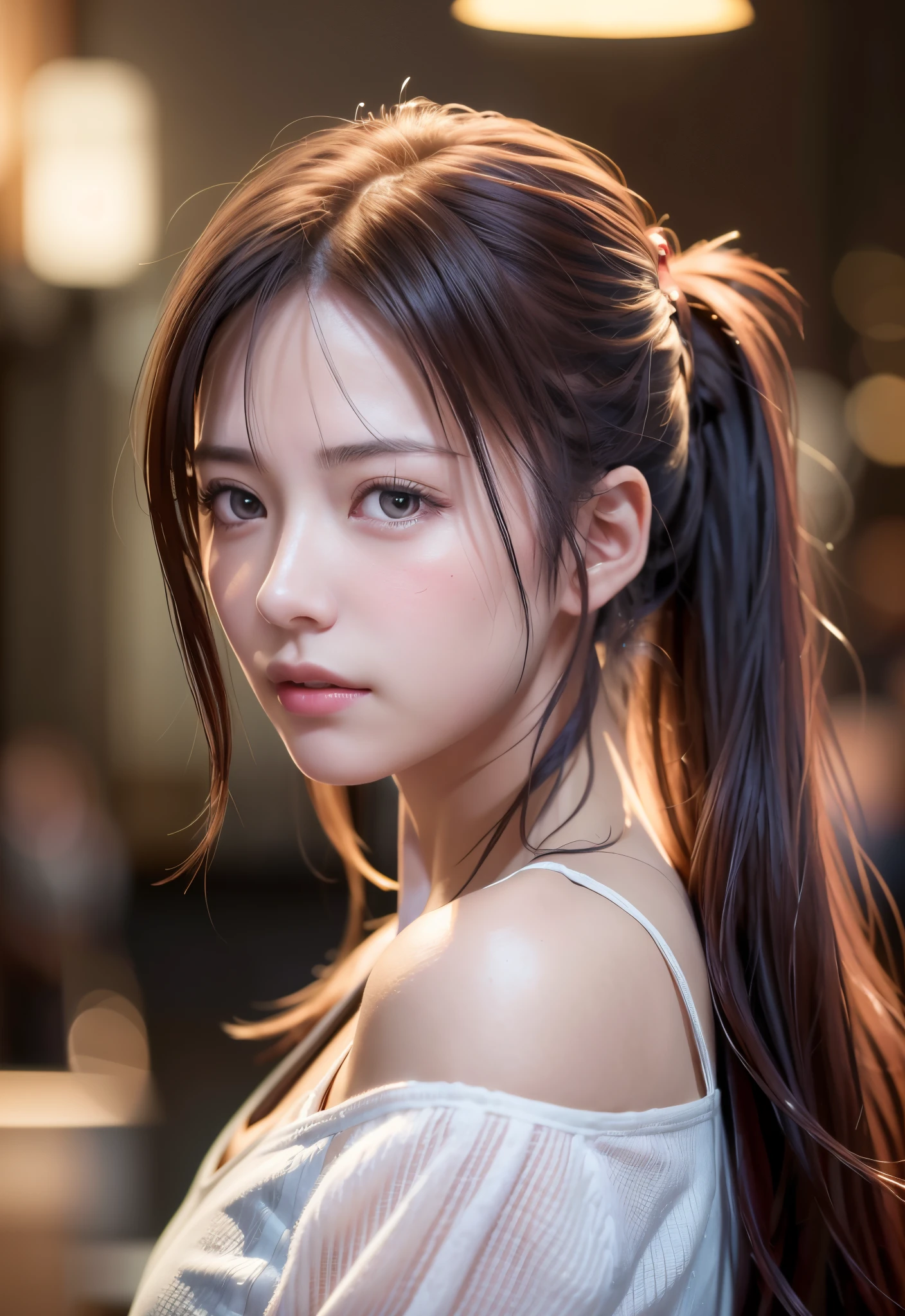 8K, of the highest quality, masutepiece:1.2), (Realistic, Photorealsitic:1.37), of the highest quality, masutepiece, Beautiful young woman, Pensive expression,、A charming、and an inviting look, Cute Maid Clothes, Hair tied back, Cinematic background, Light skin tone