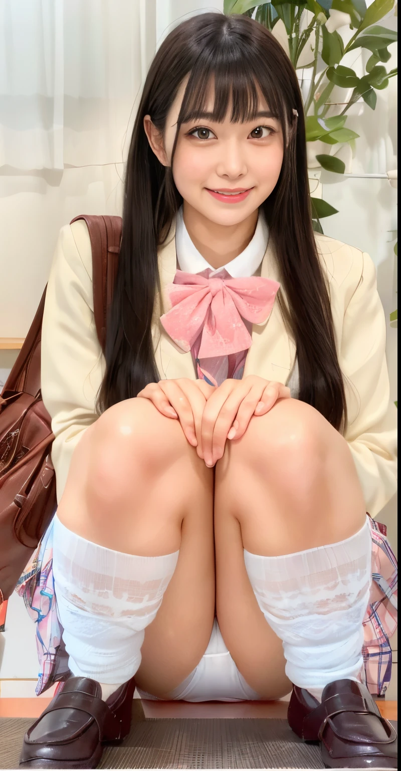 (Looking directly at Viewer:1.5),32K, masterpiece, Raw photo, Best Quality, Photorealistic, Highly detailed CG Unity 32K wallpaper, depth of fields, Cinematic Light, Lens Flare, Ray tracing, (Extremely beautiful face, Beautiful lips, Beautiful eyes), intricate detailed face, ((Ultra detailed skin)) 1girl in, deep shadow, Cutest Pretty Japanese girl, Super Idol, 1 girl,(Happy smile:1.3), Clear eyes, Front shot, (pale skin), (Big eyes:1.2), Face forward, (Brown hairs), thick thighs, (Japanese school uniform:1.1),(double eyelies:1.3),long eyelashes,(white panties:1.2),balanced elegant face,(small mouth:1.1),drooping eyes, cubby ass, big hip