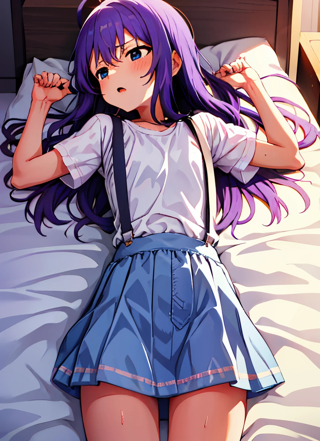 {{{{{mochizuki anna}}}}},1girl,solo,long hair,purple hair,small_ahoge,blue eyes.short stature.white t-shirts.suspenders.skirt.(((masterpiece))).(((best quality))).((ultra-detailed))).(((illustration))).night view.small Breasts.lie on one's side.up chest.a bed.PILLOWS