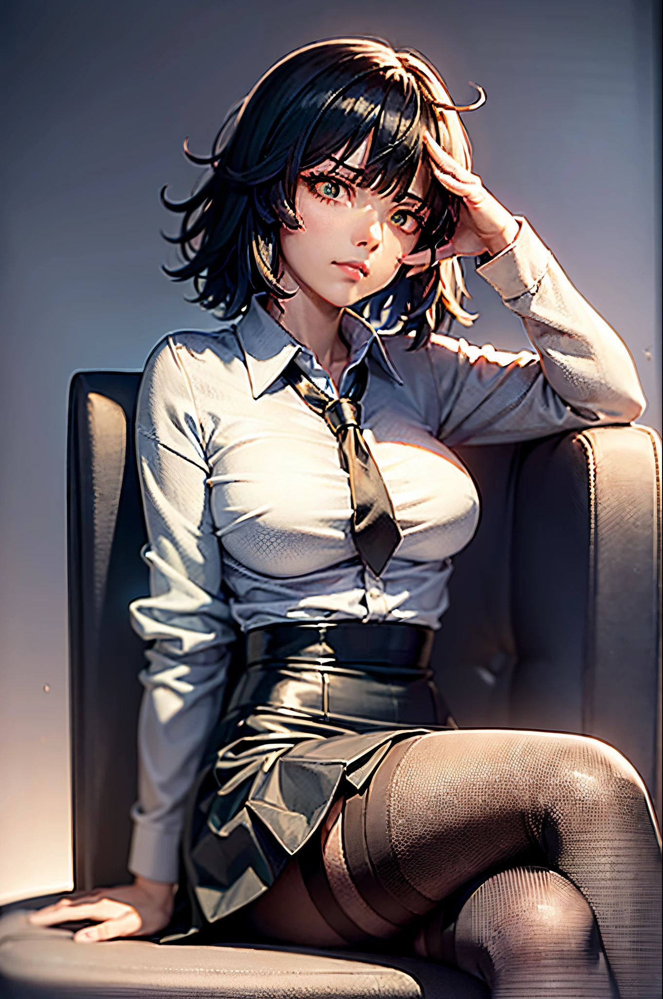 (Prominence on masterpiece, best quality: 1.2), alone, 1 girl,Fubuki, serious, closed mouth, looking at the viewer, hand on the face, sitting, crossed legs, collared shirt, tie, skirt, stockings,big thighs,big breasts)