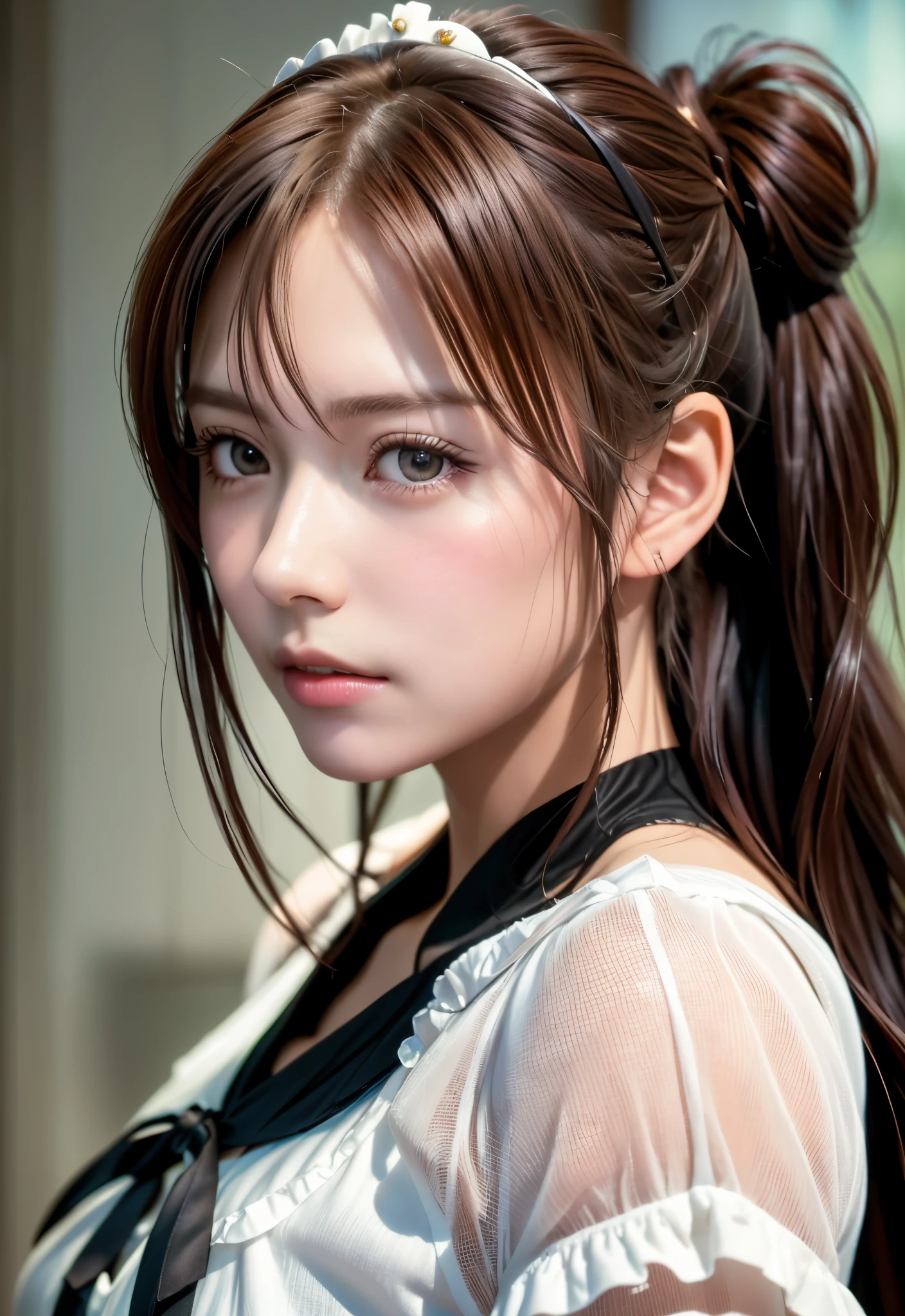 8K, of the highest quality, masutepiece:1.2), (Realistic, Photorealsitic:1.37), of the highest quality, masutepiece, Beautiful young woman, Pensive expression, Thoughtful look, Cute Maid Clothes, Hair tied back, Messy mood, Cinematic background, Tired, Light skin tone