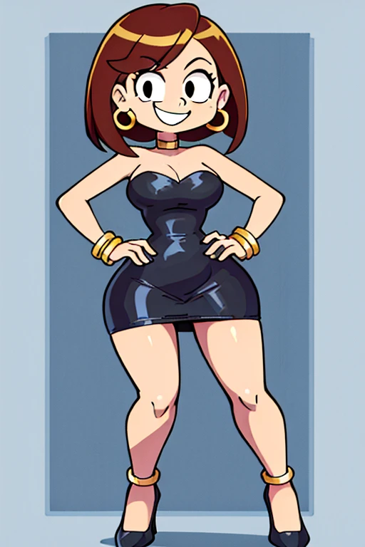 1 girl, age, short red hair, medium hair, bob hair, black eyes, smile, little black dress, strapless dress, short bodycon dress, skin-tight dress, choker, gold hoop earrings, gold bracelet, black heel shoes, hands on hips.