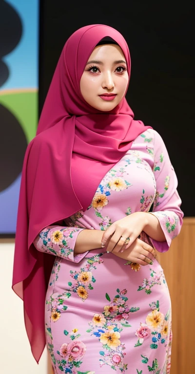 arafed woman in a floral dress and a pink scarf, hijab, inspired by Fathi Hassan, inspired by Naza, inspired by Nazmi Ziya Güran, with lovely look, inspired by Shaddy Safadi, lovely woman, inspired by Mym Tuma, background is heavenly, wearing beautiful clothes, faridah malik, traditional beauty, malaysian