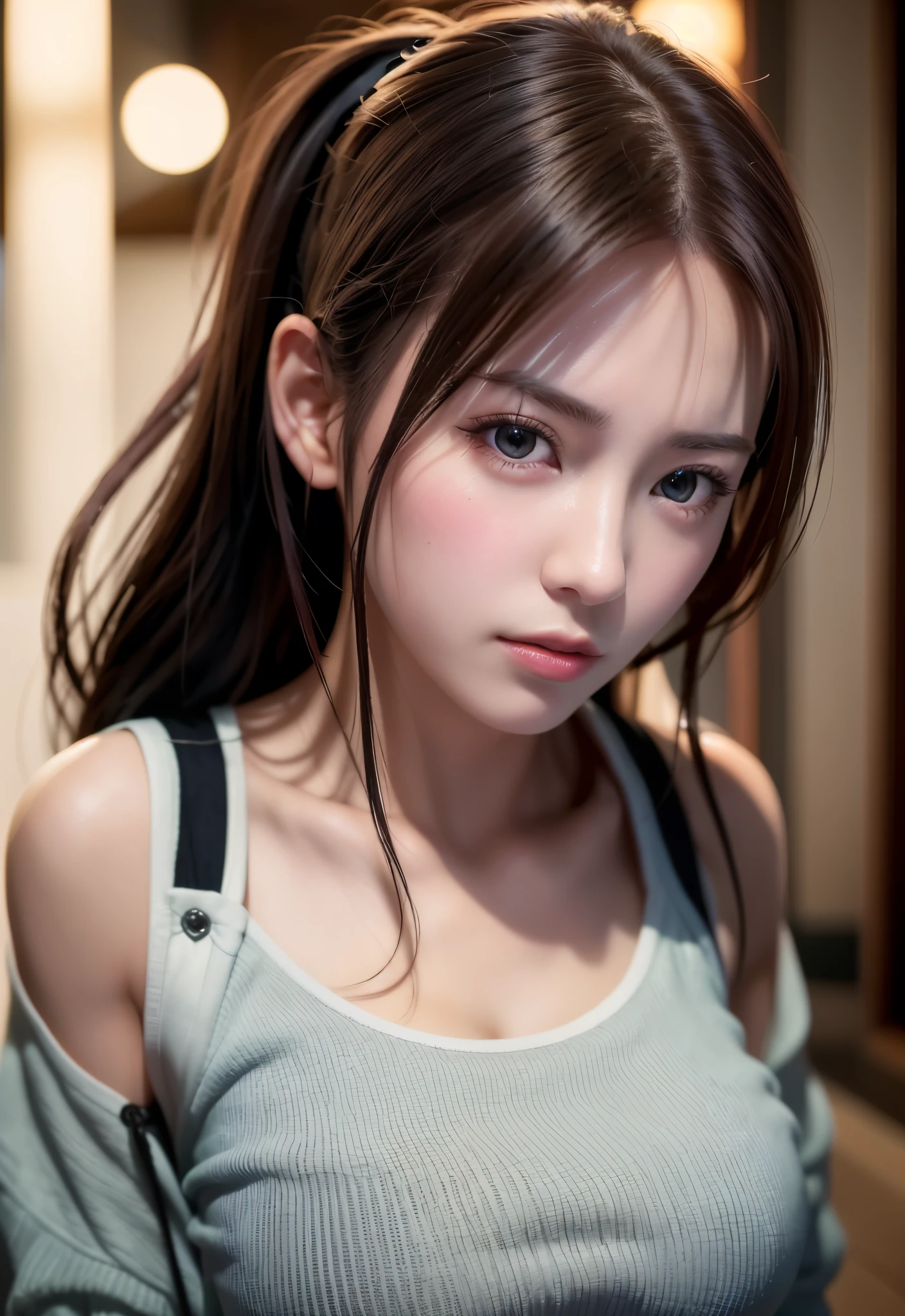 8K, of the highest quality, masutepiece:1.2), (Realistic, Photorealsitic:1.37), of the highest quality, masutepiece, Beautiful young woman, Embarrassed look, Hair tied back, Kamimei、Messy mood, Cinematic background, Tired, Light skin tone