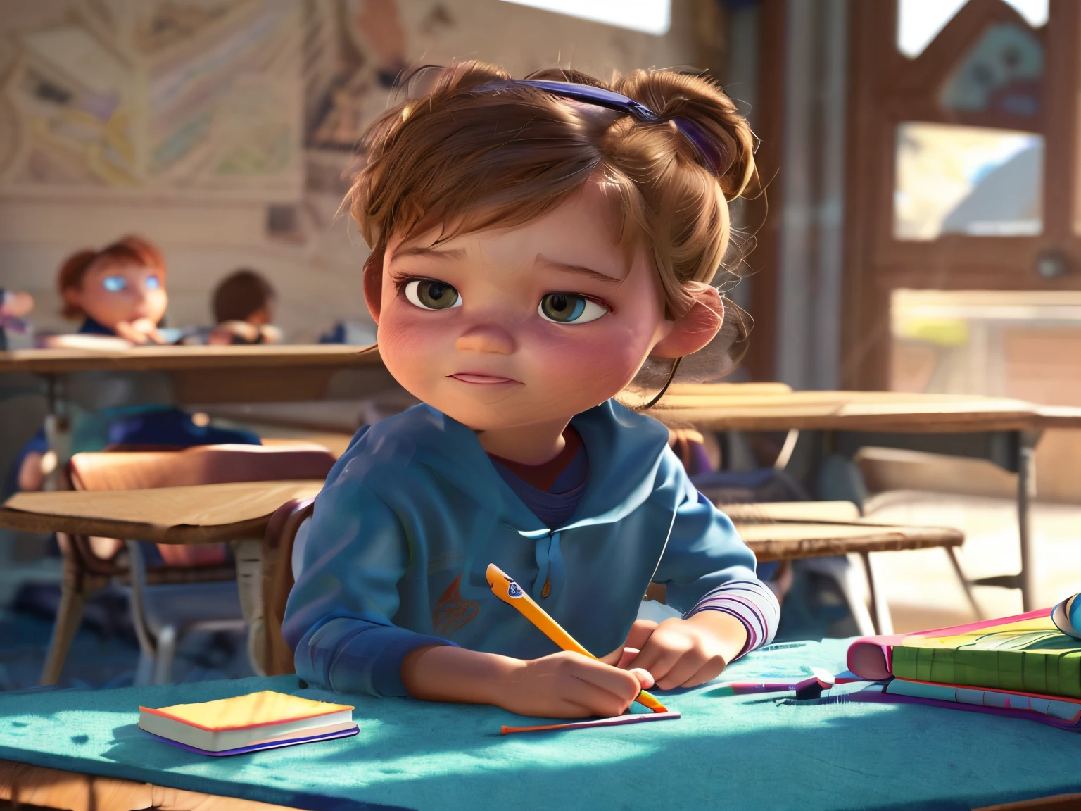 (Pixar style: 1.25) A  doing school activities, natural skin texture, 4K textures, HDR, intricate, highly detailed, sharp focus, cinematic appearance, hyper-detailed