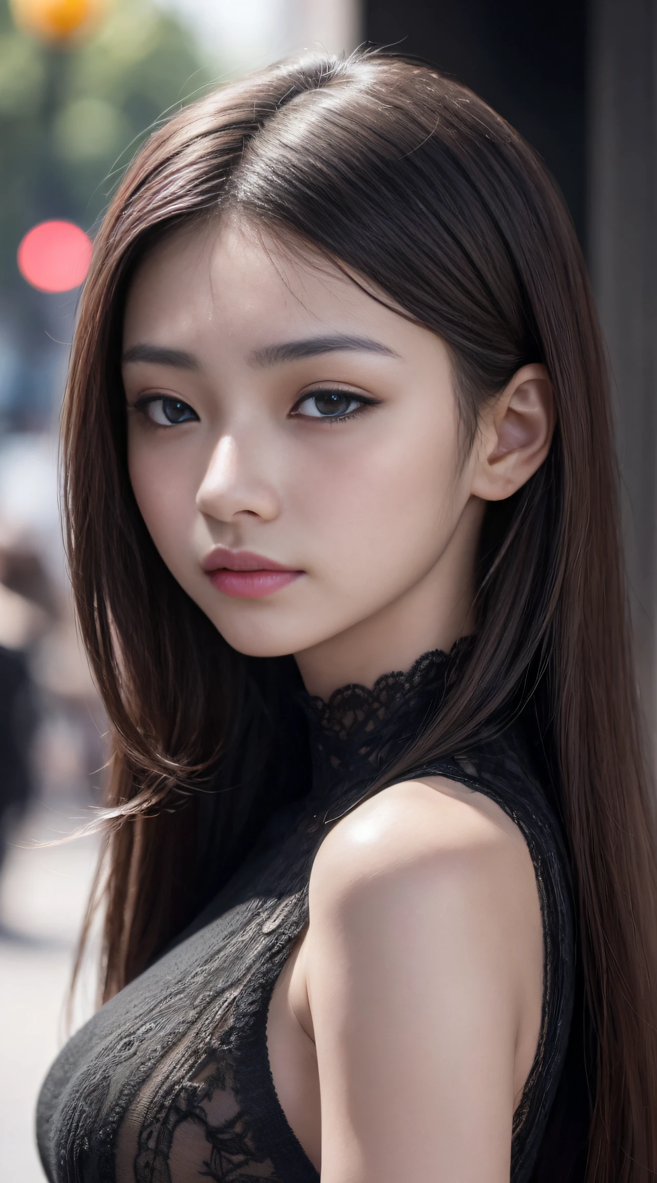 Ultra-realistic capture,Very delicate、16K human skin close-up in public view,The texture of the skin is natural and、The pores must be detailed enough to be finely identifiable。Skin should look healthy with uniform tones,masutepiece, Raw photo, Best Quality, Photorealistic, depth of fields, Cinematic Light, Lens Flare, Ray tracing, (Extremely beautiful face, Beautiful lips, Beautiful eyes), intricate detail face, ((Ultra detailed skin)) 1girl in, In the Dark, deepshadow, cute asian girl, 1 girl, , ((Looking at Viewer)),(Deep sadness:1.3), (Blurred background), Fashion Street),(No people in the background:1.3), Clear eyes, (pale skin), (Big eyes), Face forward, ((upperbody shot)),Black dress,Knitted Dresses,(Brown hairs), (see through), (Looking at Viewer:1.3)Very slim, ((see through)), Highly detailed, A hyper-realistic,realistic model、Long sleeve knitwear,,Black dress,