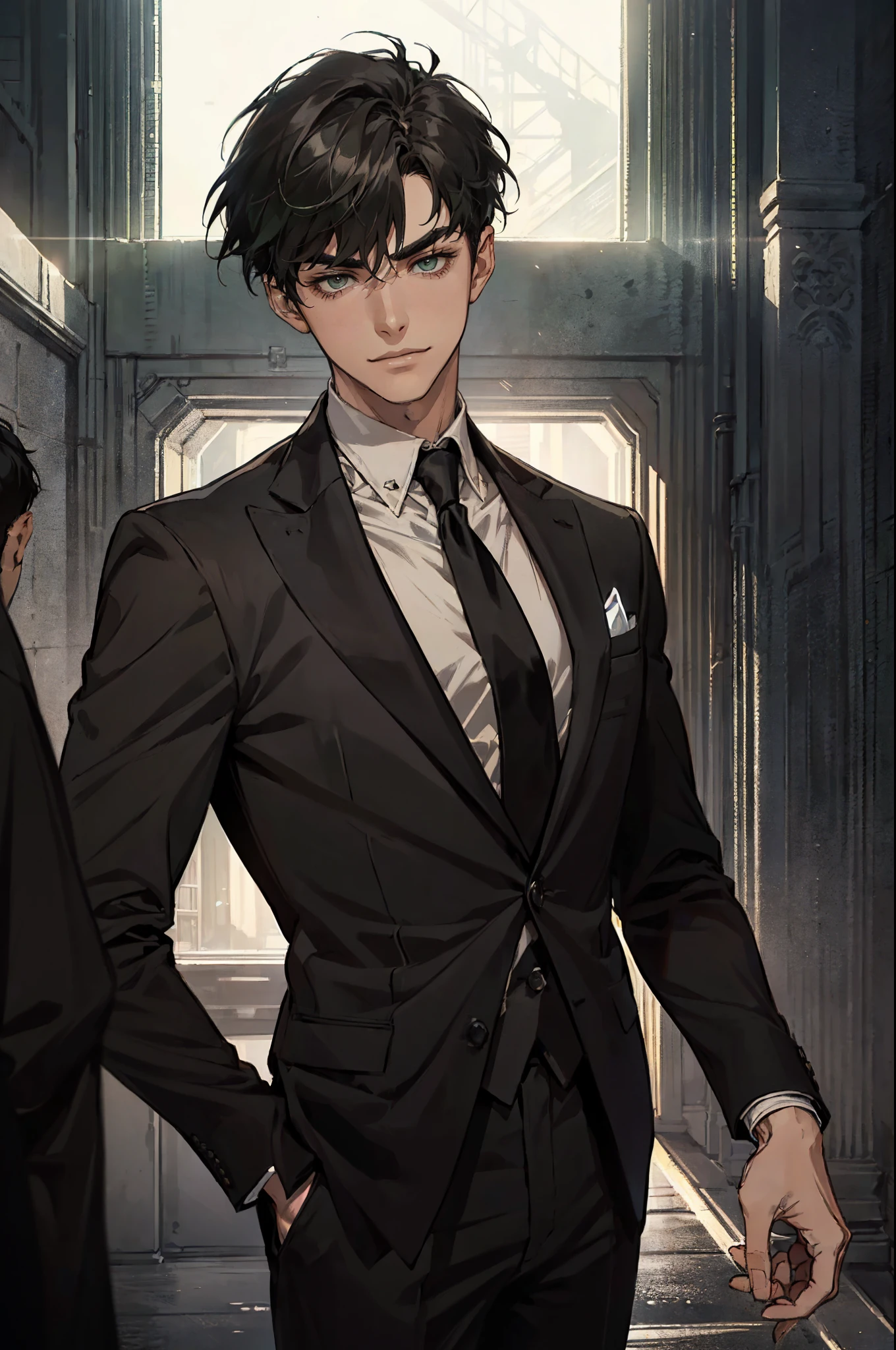 ((One young man with a black suit and tie)), gotham, alejandro, (((side swept black short hair))), (dark green eyes and thick eyebrows), smirk, ((20 years old)), ((masterpiece)), posture dynamic, ((cinematic lighting)),
