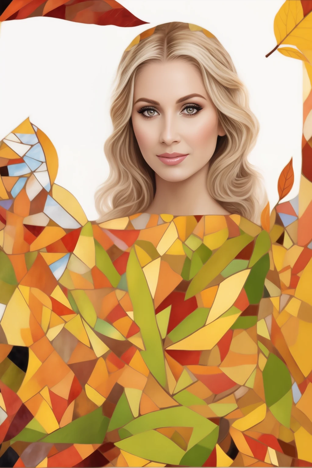Close-up of woman with mosaic background, high quality portrait, Digital Artwork, ai assisted digital painting, color portrait, Photoshop Art, airbrush digital oil painting, Leaf dress, beautiful digital works of art, Digital Art!!, full color digital illustration, detailed digital artwork, Goddess of Autumn, retrato colorido detalhado, glossy digital painting, Digital Illustration, Digital Ilustration