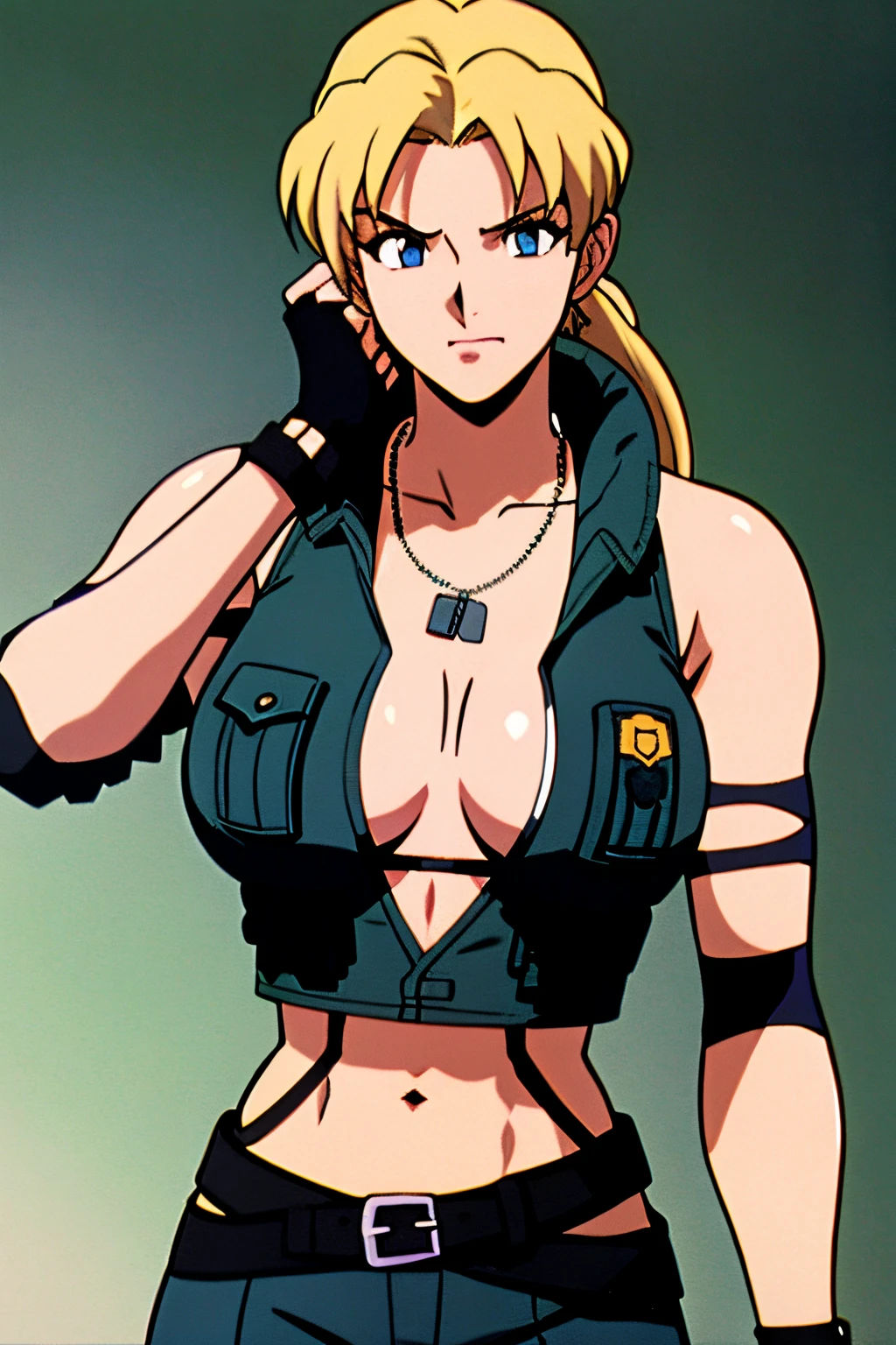 1girl, cowboy shot,  sonyablade,  cleavage, vest, abs, boots, cleavage, dog tags, fingerless gloves, midriff, navel, pants, knee pads, hand on hip, huge breasts,((upper body: 1.3)), crop top, ponytail,blue eyes, blonde hair, blue eyes, masterpiece, best quality, evangelion anime style, anime screencap, 1990s_\(style\)