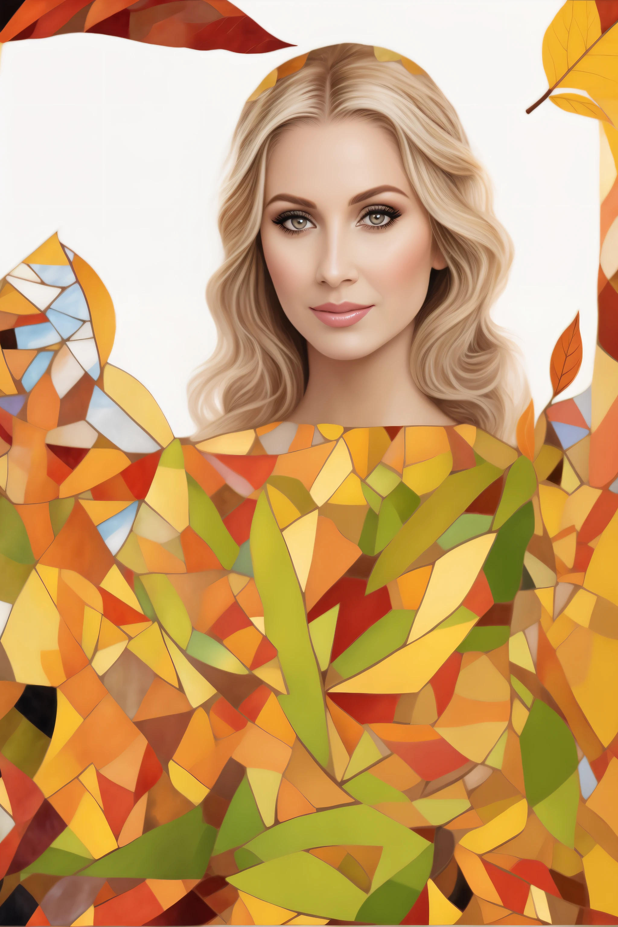 Close-up of woman with mosaic background, high quality portrait, Digital Artwork, ai assisted digital painting, color portrait, Photoshop Art, airbrush digital oil painting, Leaf dress, beautiful digital works of art, Digital Art!!, full color digital illustration, detailed digital artwork, Goddess of Autumn, retrato colorido detalhado, glossy digital painting, Digital Illustration, Digital Ilustration