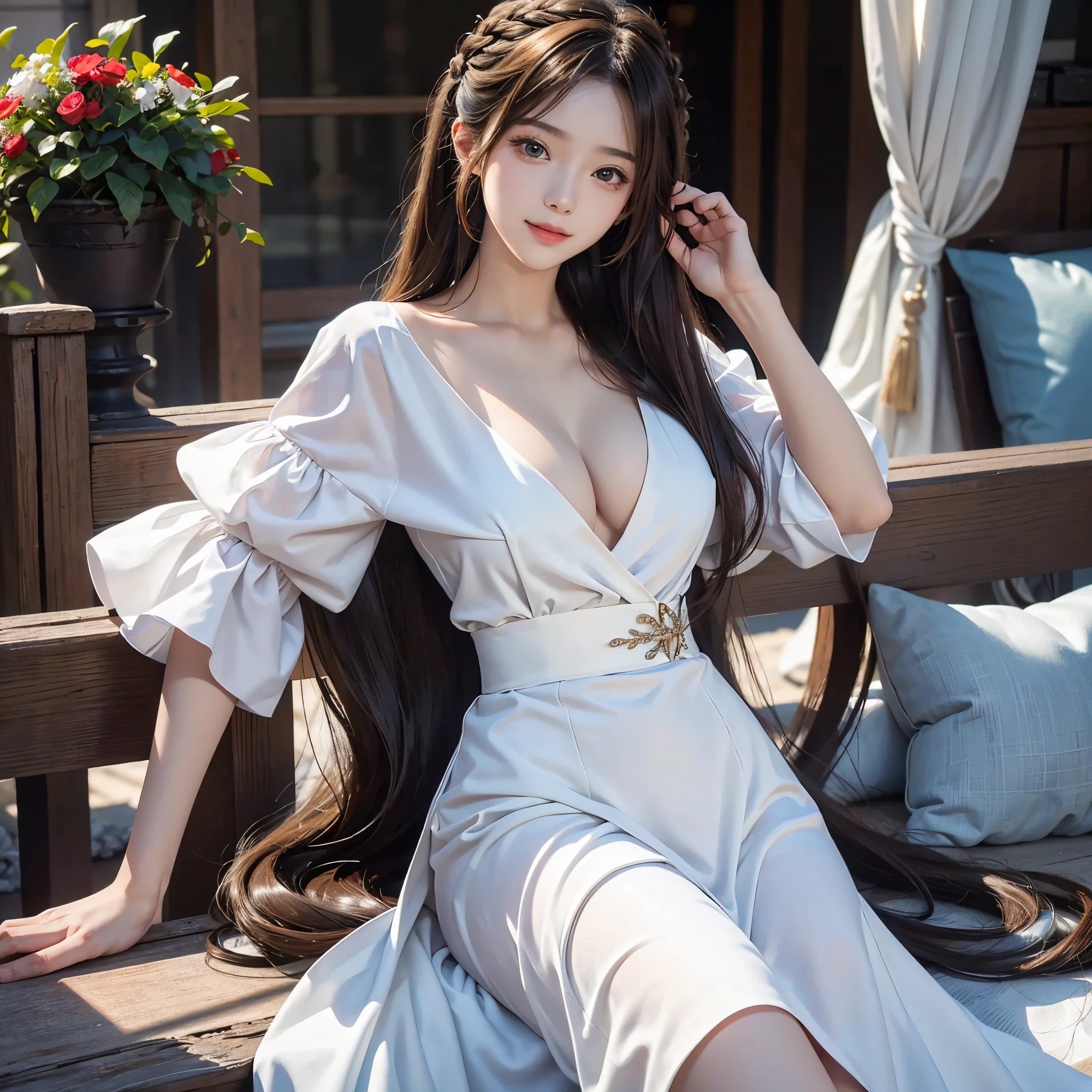 8K Ultra HD, masutepiece, Best Quality, beautiful Girl, Long hair, Impressive hairstyle, beautiful hair decoration, s old girl, ssmile, A sexy, large boob, lighting like a movie