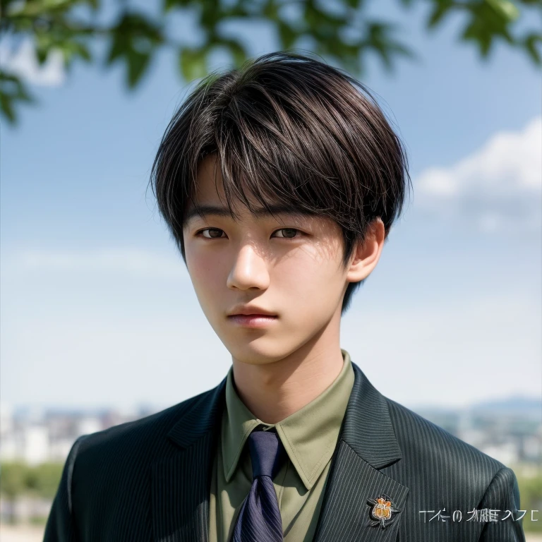 masterpiece, best quality, uhd, 1boy, , japanese, black hair, short hair, bangs, green eyes, collared shirt, necktie, blazer, school emblem, outdoors, realisitc, ultra realistic, 70mm lens, ultra high res, uhd, (photorealistic:1.4)