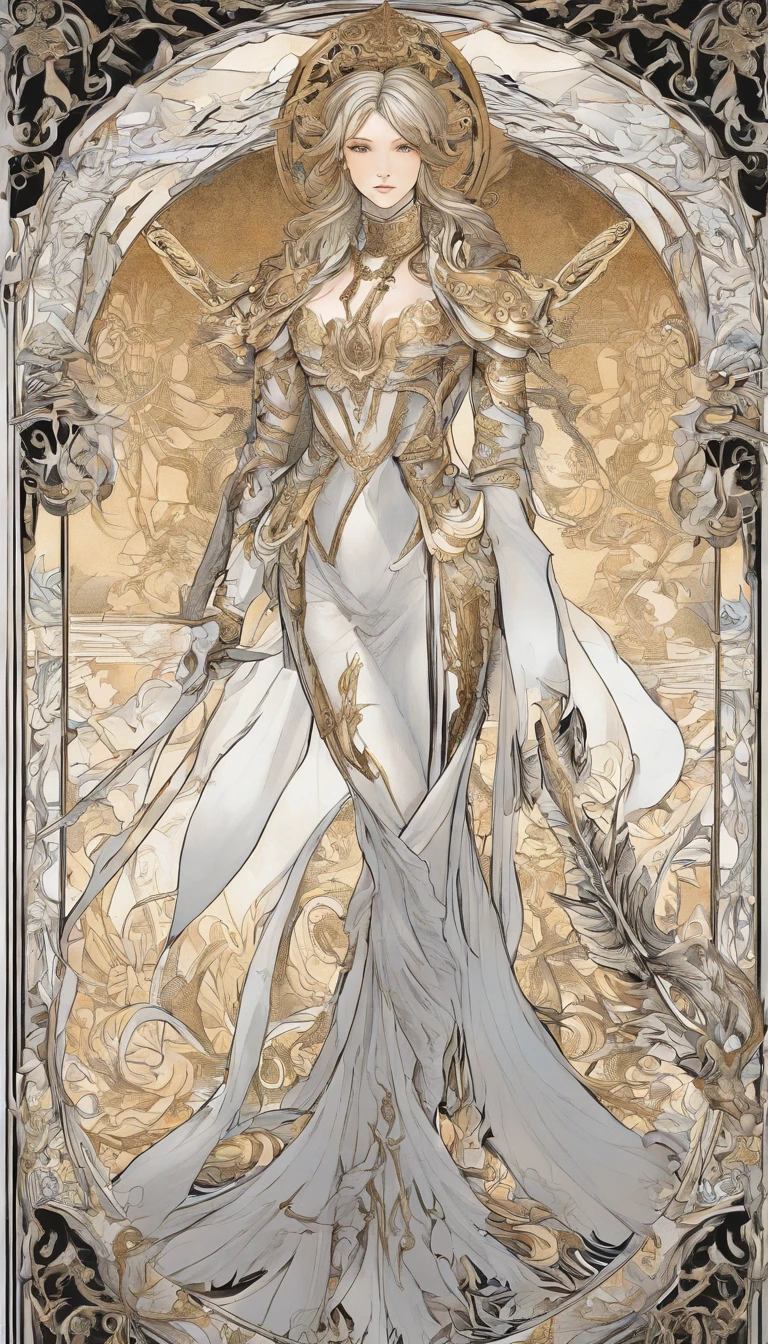 Vivid colors, detailed armor, engraved metallic armor white and black with gold ascents , intricate designs on the armor, intricate armor engravings, imposing and powerful stance, fierce , flowing short white hair, dynamic pose, intense battle scene, fantasy setting, vibrant colors, dramatic lighting, epic atmosphere, mythical creatures in the background, magical effects surrounding the sword, attention to anatomy and facial features, iconic use of highlights and shadows, capturing emotion, masterful composition, portraying strong female characters.