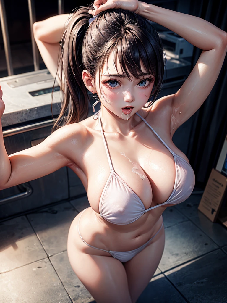 Realistic、top-quality、1 girl、20yr old,from the above、saliva,The whole body is covered with milky white liquid,glistning skin、Low double ponytail、churning、Nurse bikini、Large breasts 、Place your arms behind your head,profesional lighting