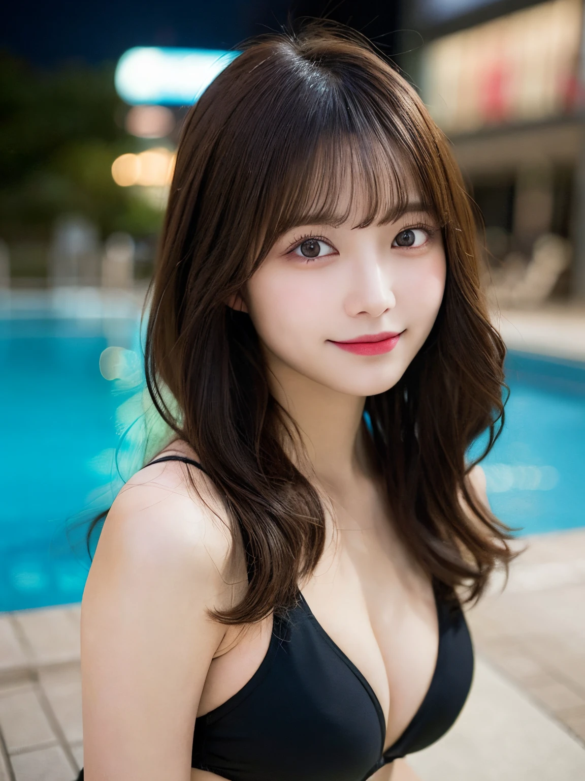 masutepiece, Best Quality, Illustration, Ultra-detailed, finely detail, hight resolution, 8K Wallpaper, Perfect dynamic composition, Beautiful detailed eyes, she is wearing a black bikini swimsuit,Medium Hair,Natural Color Lip, Bold sexy poses,Smile,Harajuku、20 years girl、Cute、Sexy shot looking at camera、C Cup、Brown hair、caste-like face、Blurry night pool background