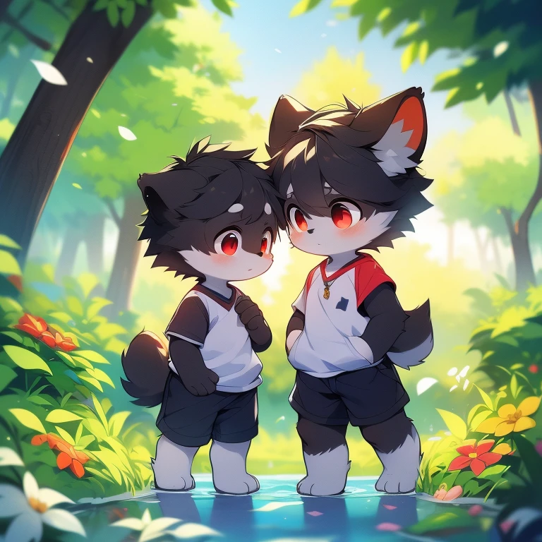 Black-haired, barefoot little Shota walks in the sea of flowers,(Black fur, Delicate fur, red eyes, brunette color hair),adolable