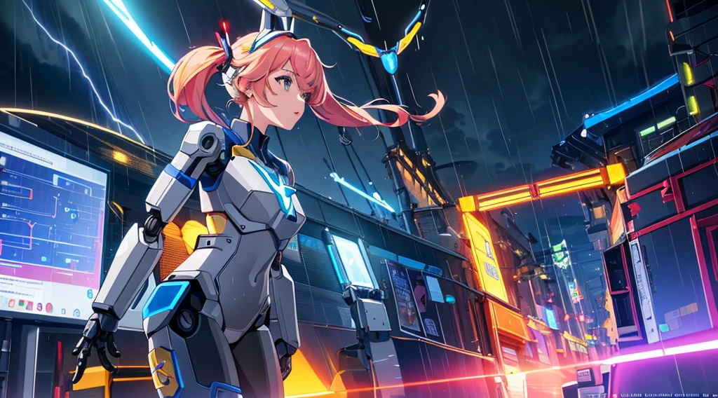 best quality masterpiece, AnchorageV4, 1girl, solo, armor, ((girl is a robot:1.3)), ((electric circuit:1.3)), ((magic, RTX, colorful, post processing)), mechanic arms, mechanical hands, fire, power, city alley, night, rain, thunder,